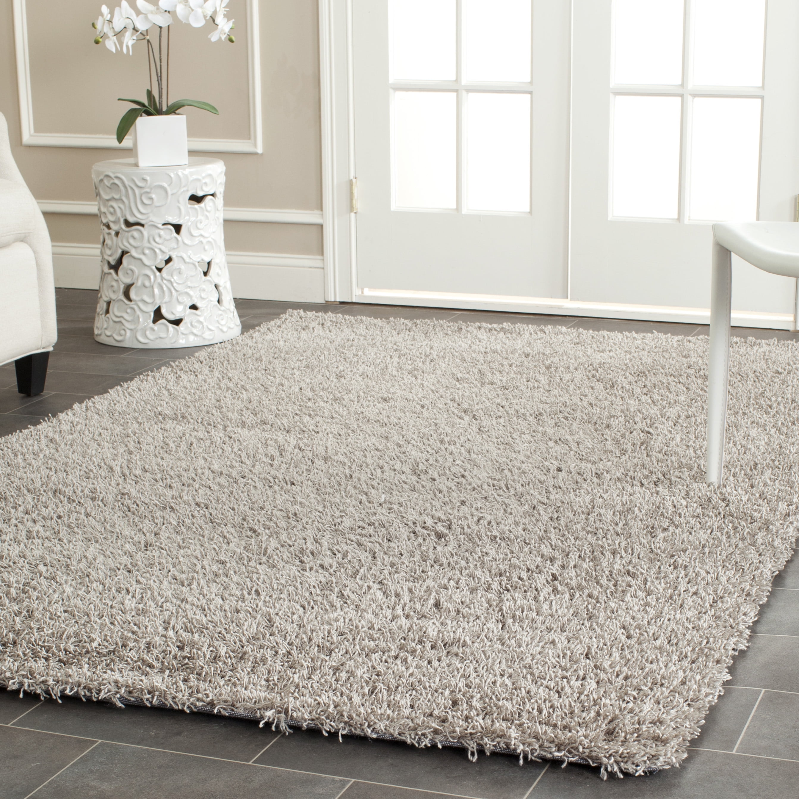SAFAVIEH Clyde Solid Plush Polyester Shag Area Rug, Silver, 9' x 12'