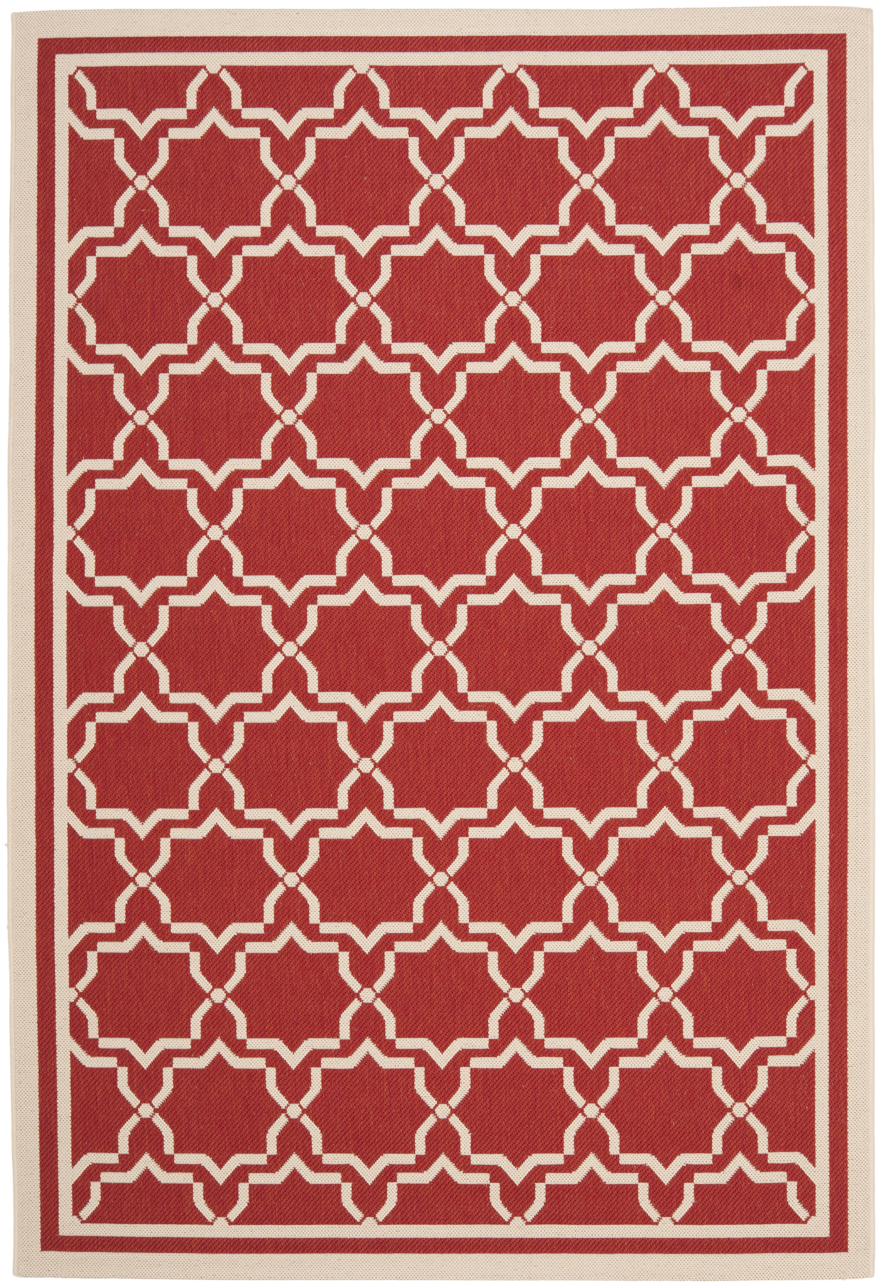 SAFAVIEH Courtyard Allison Geometric Bordered Indoor/Outdoor Area Rug, 5'3" x 7'7", Red/Bone