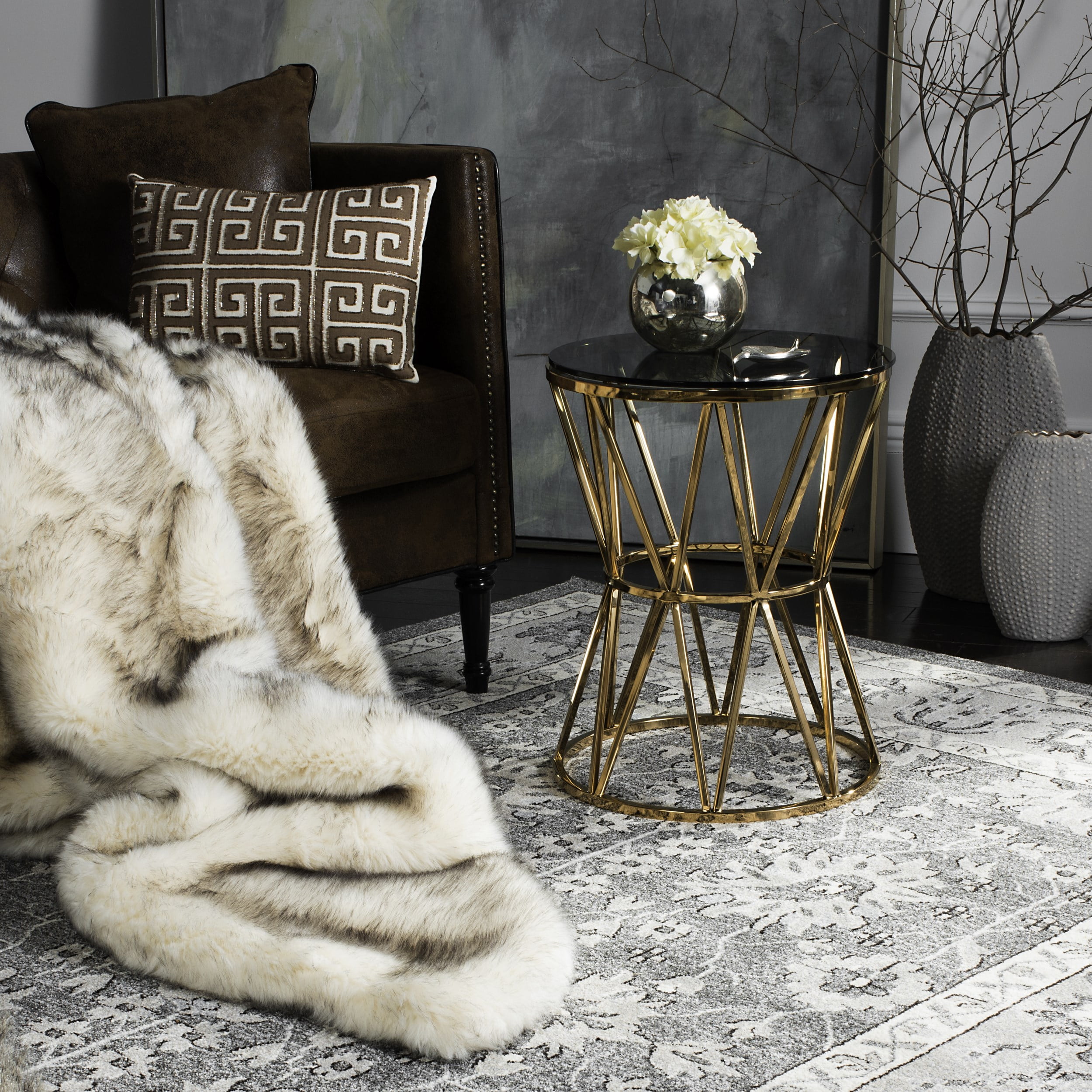 SAFAVIEH Couture Delsy Geometric Round Glass Top End Table, Gold