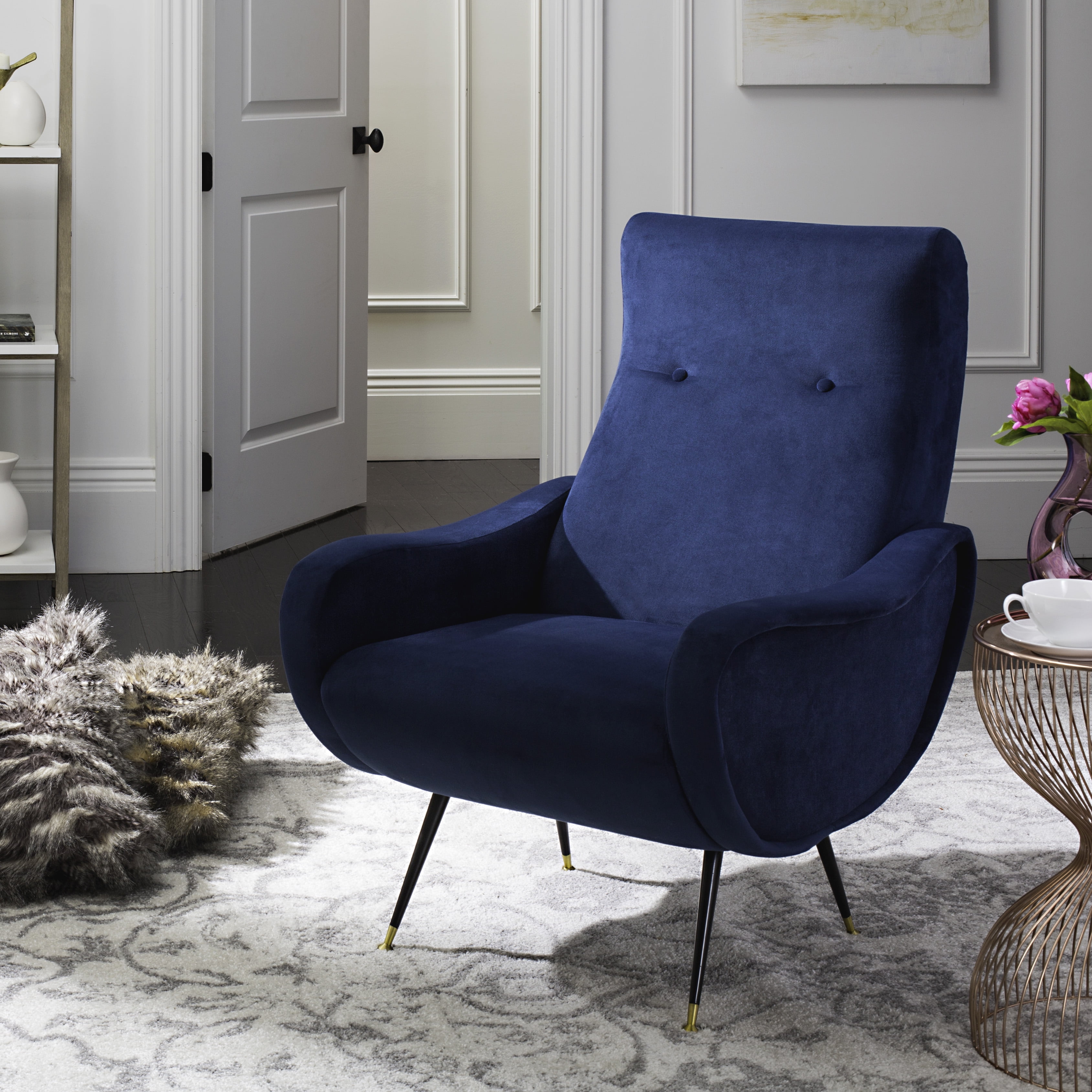 SAFAVIEH Elicia Velvet Retro Mid Century Accent Chair, Navy