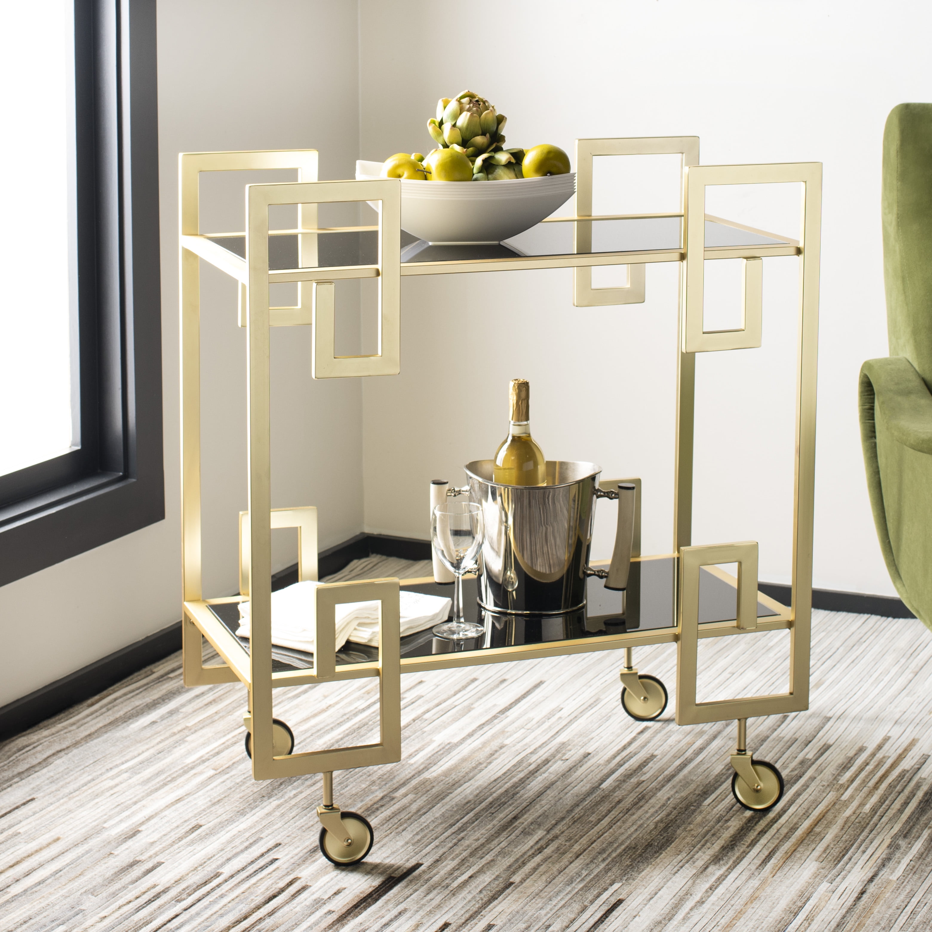 SAFAVIEH Eliza 2 Tier Modern Glam Rectangle Bar Cart with Casters, Brass/Black Glass
