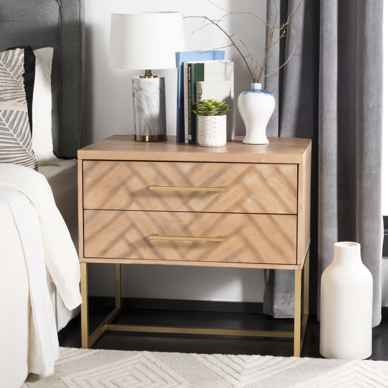 SAFAVIEH Estelle 2-Drawer Contemporary Glam Nightstand, Rustic Oak