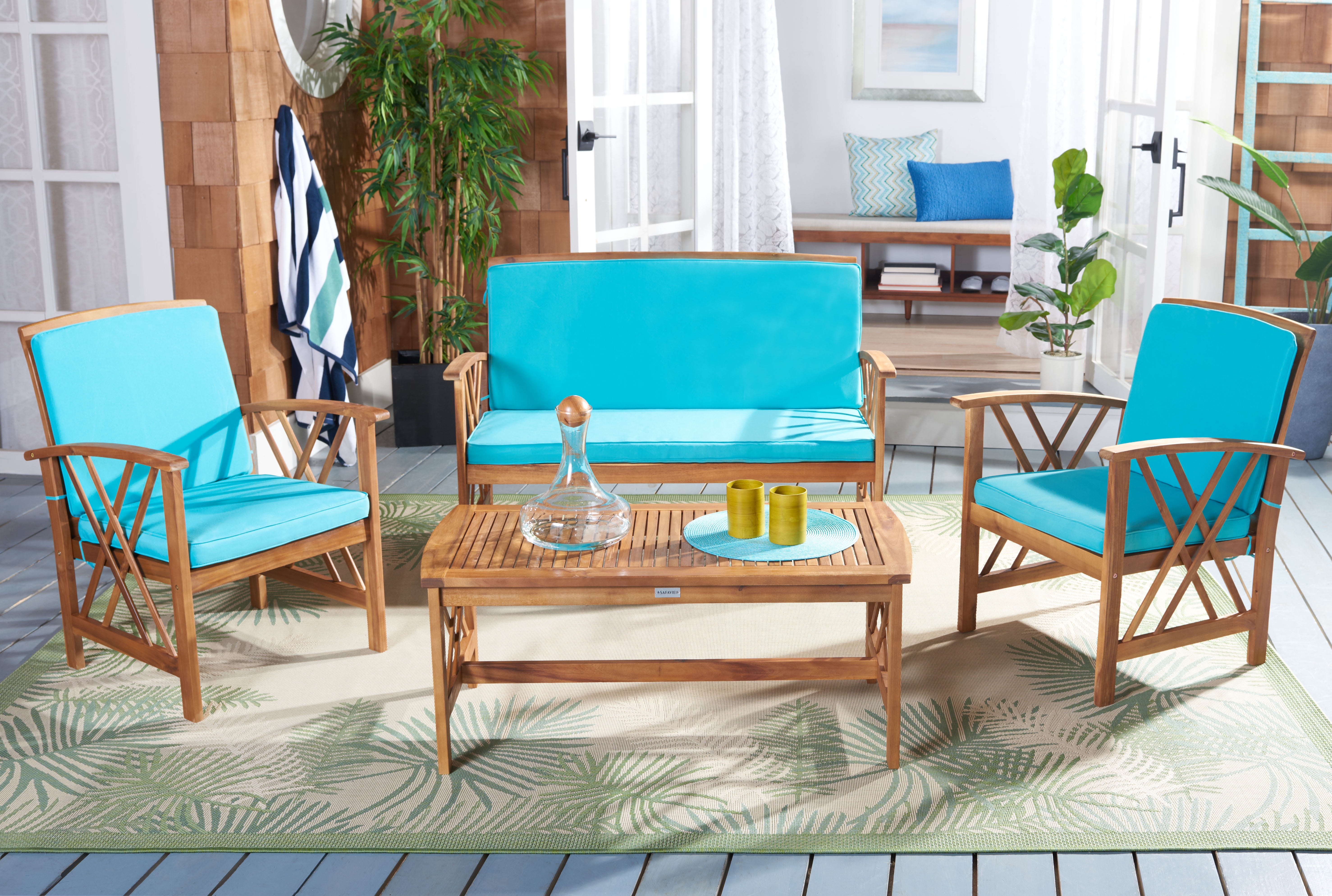 SAFAVIEH Fontana Outdoor Patio 4 Pc Conversational Set, Natural/Aqua