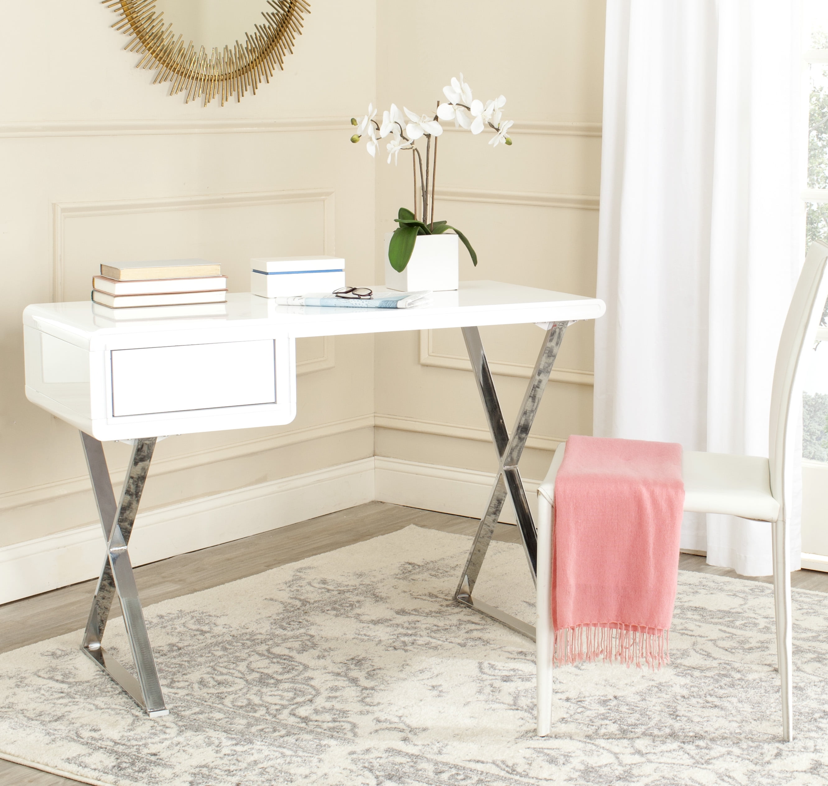 SAFAVIEH Hanover Modern Glam Desk with Pull-Out Drawer, White
