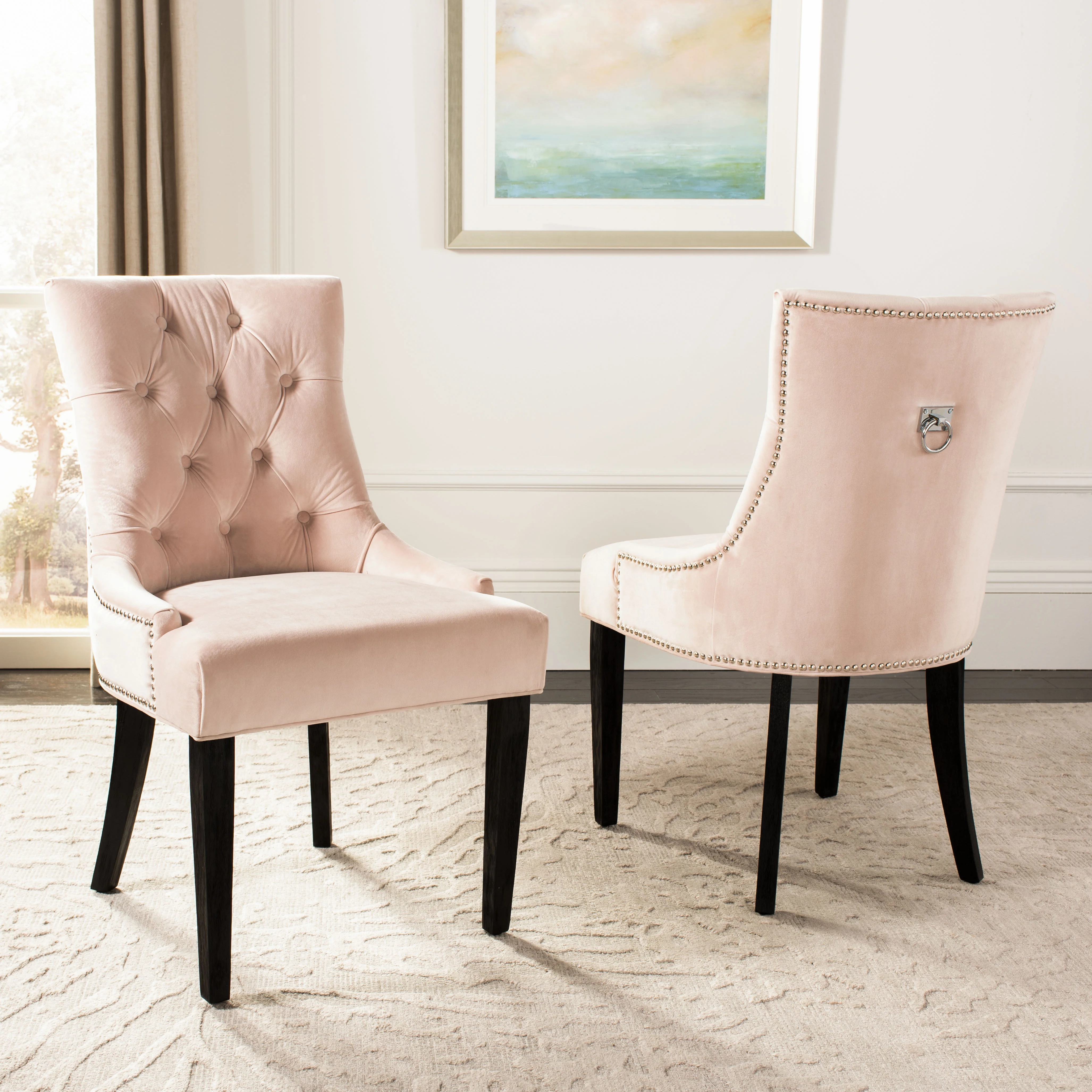 SAFAVIEH Harlow Glam Tufted Ring Chair with Silver Nailheads, Set of 2, Blush Pink