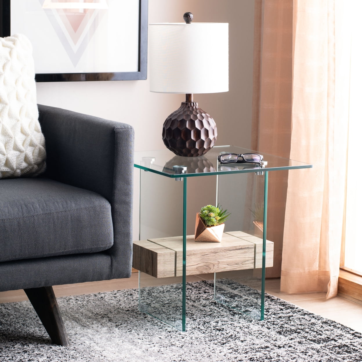 SAFAVIEH Kayley Modern 2-Tier Glass Accent Table, Natural