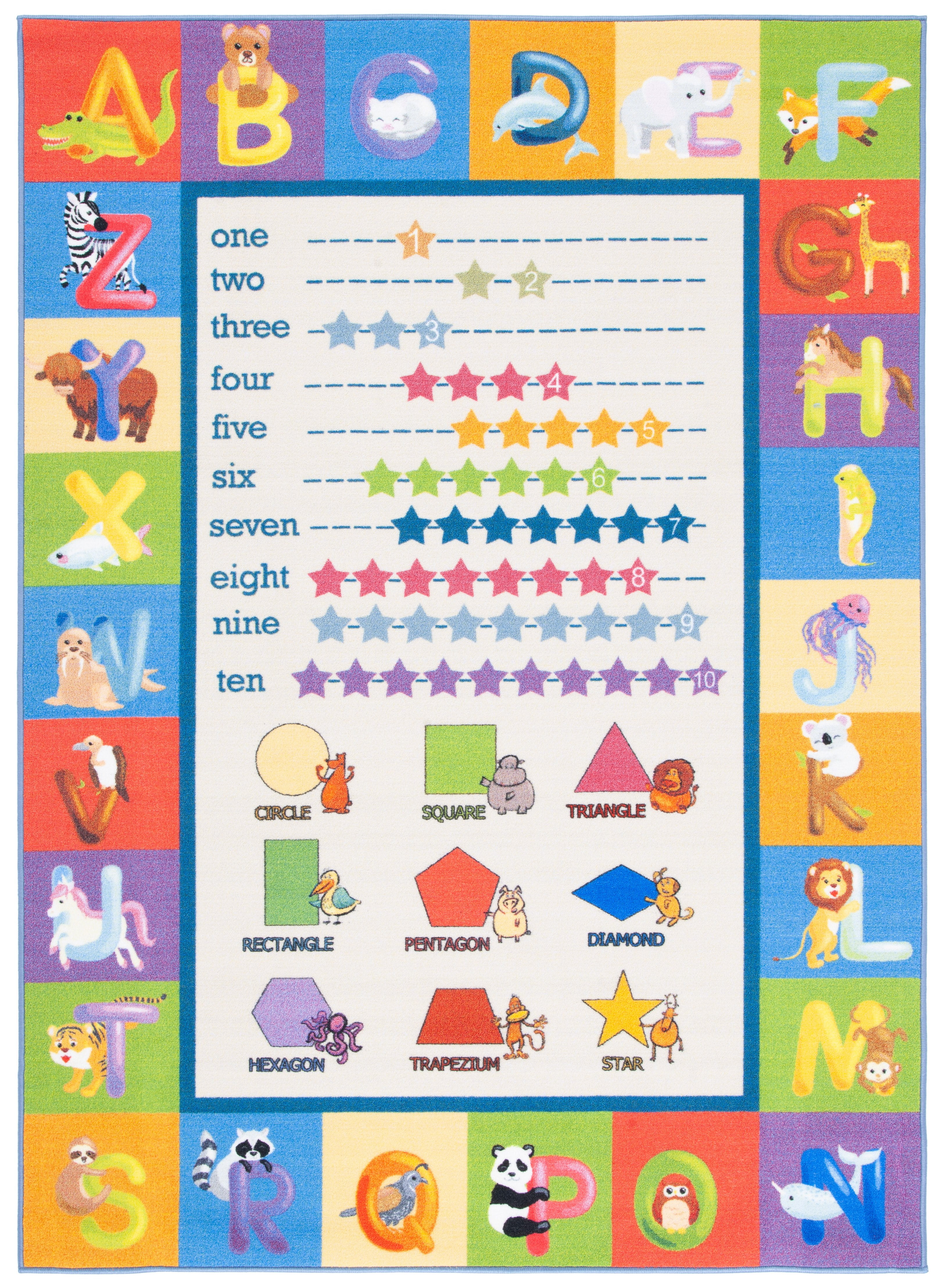 SAFAVIEH Kids Playhouse Alphabet Numbers Shapes Machine Washable Area Rug, Beige/Blue, 6'7" x 9'