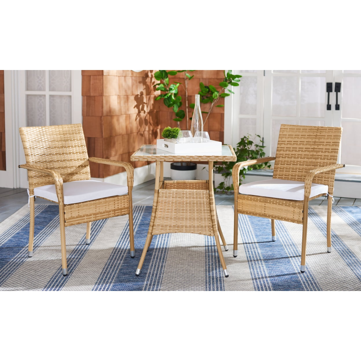 SAFAVIEH Laban Outdoor Patio 3 Piece Bistro Set, Natural/White