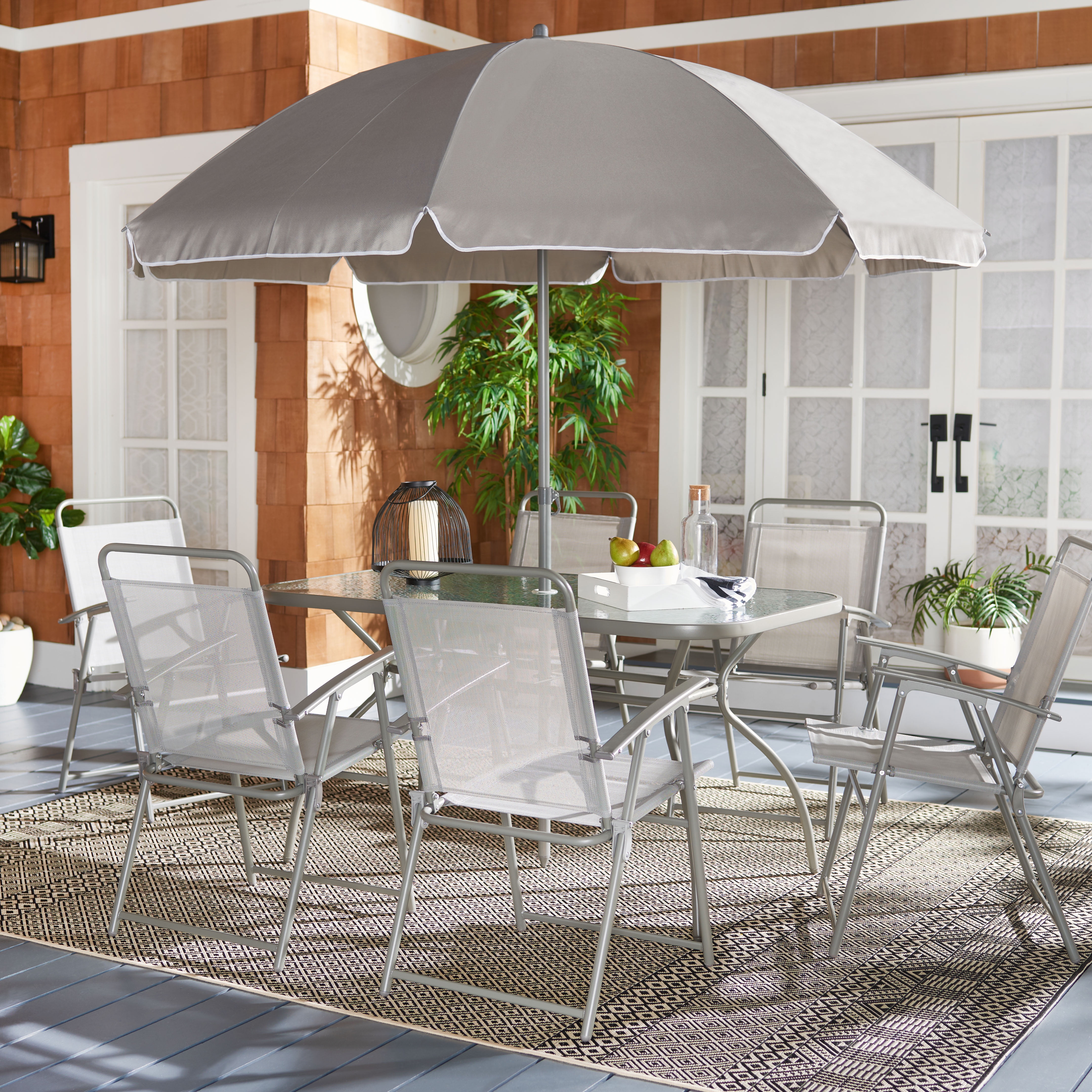 SAFAVIEH Laurenti Outdoor Patio 8 Piece Dining Set with Umbrella, Grey