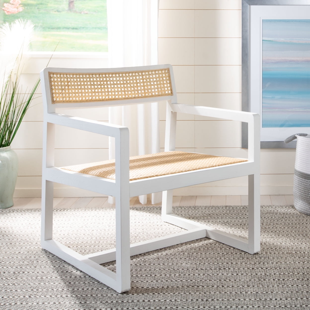 SAFAVIEH Lula Cane Nautical Solid Accent Chair, White/Natural