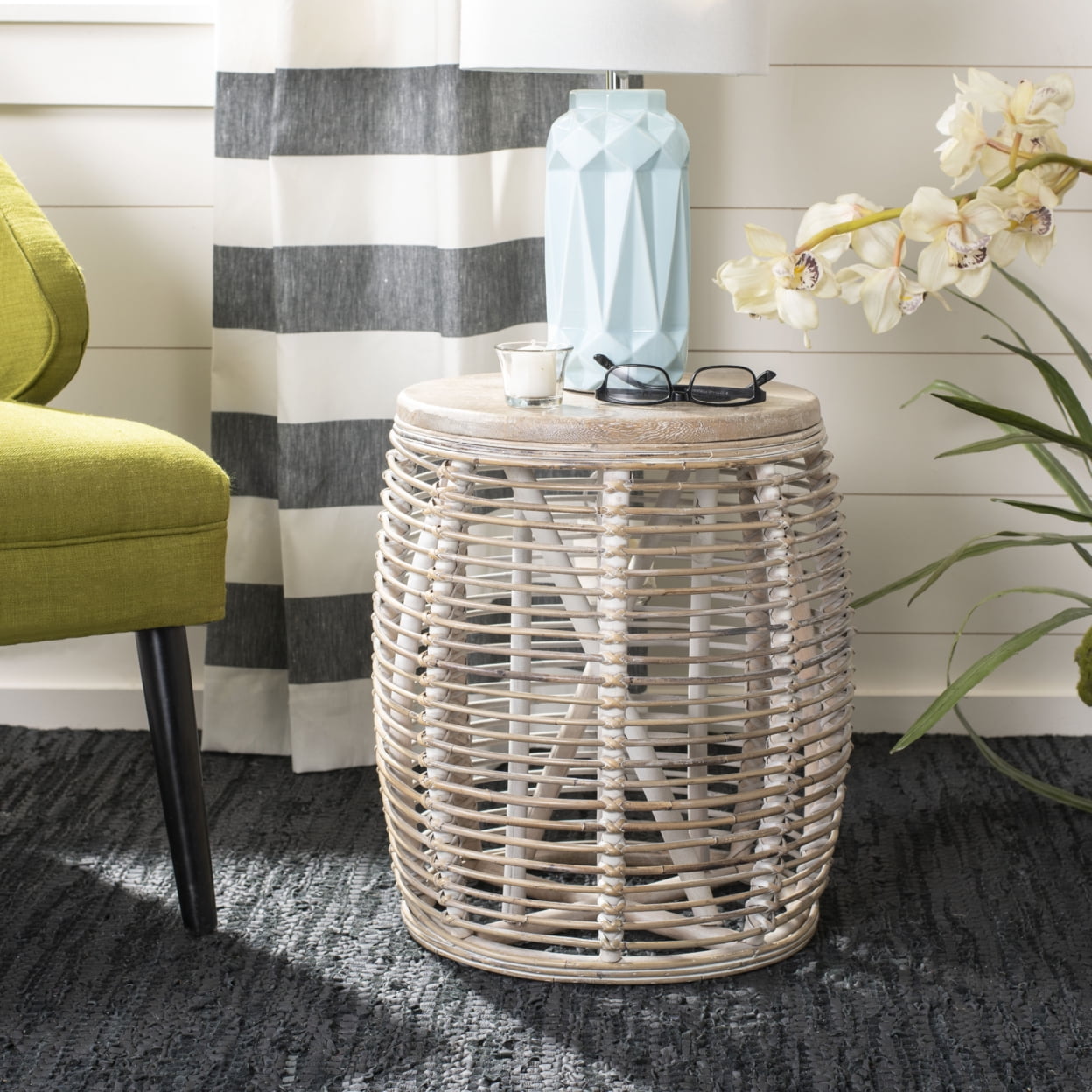 SAFAVIEH Maui Nautical Rattan Round Drum Stool Table, Grey White Wash