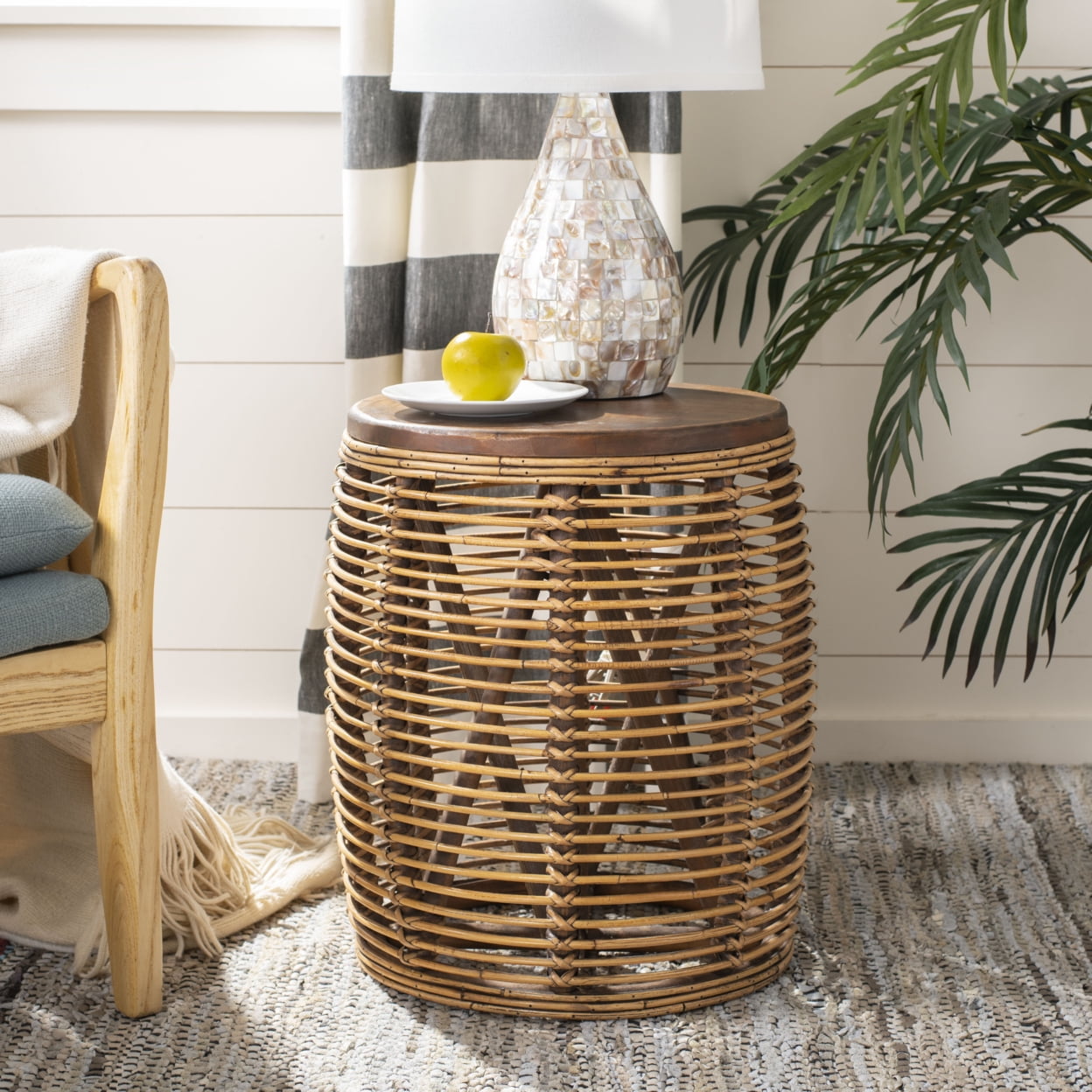 SAFAVIEH Maui Nautical Rattan Round Drum Stool Table, Honey Brown Wash