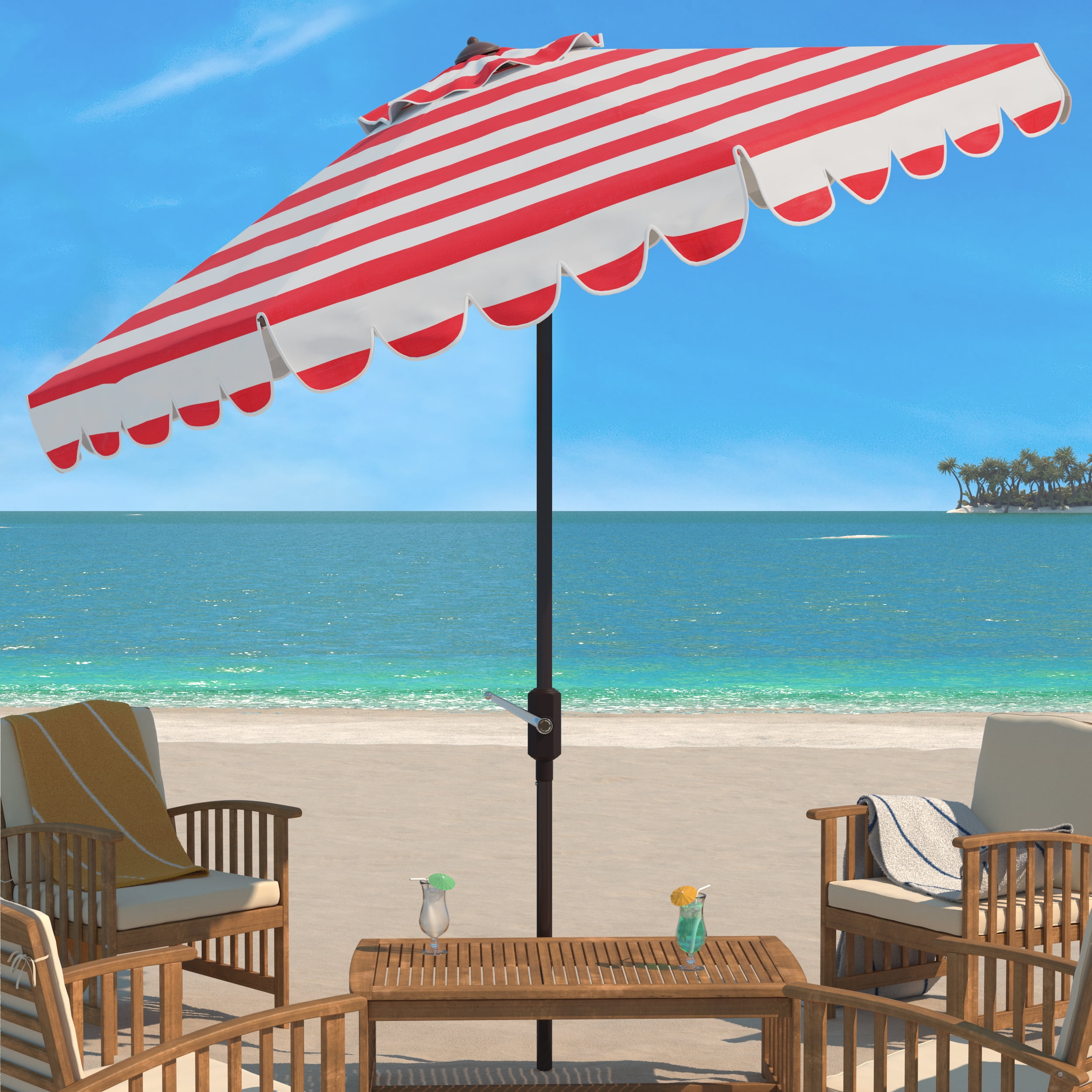 SAFAVIEH Maui 9' Market Crank Striped Tilt Patio Umbrella, Red Stripe