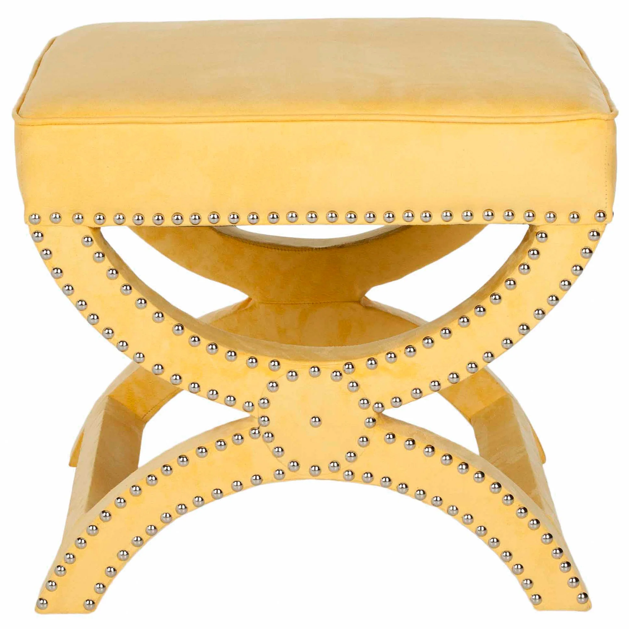 SAFAVIEH Mystic Glam Upholstered Square Ottoman w/ Silver Nail Heads, Yellow