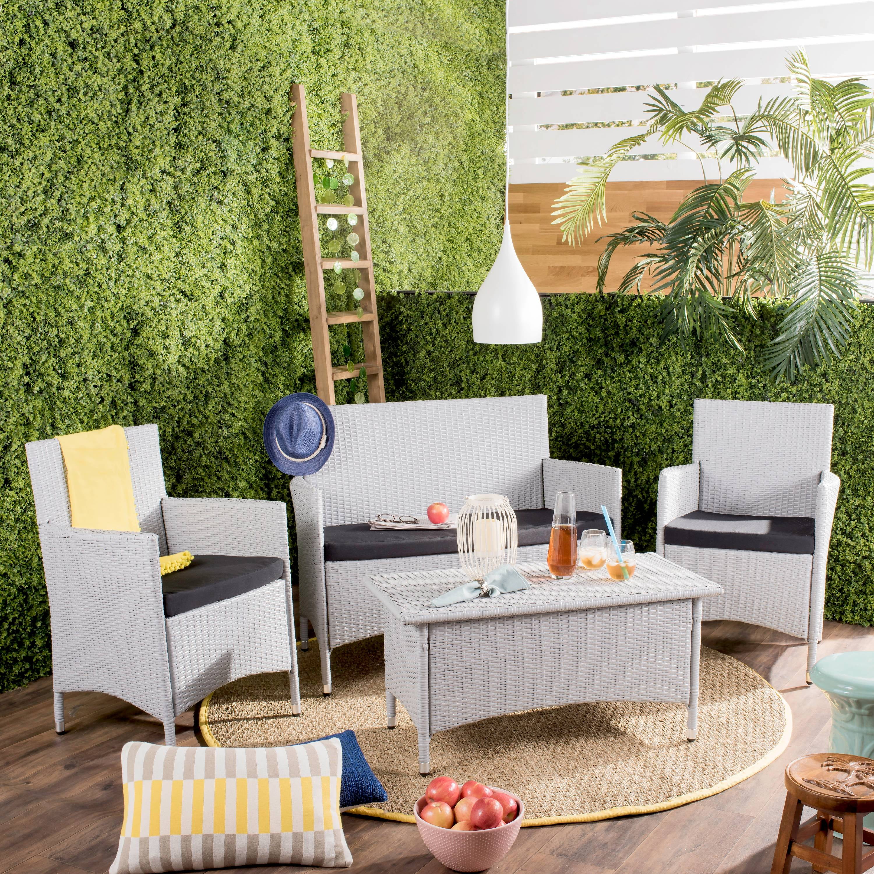 SAFAVIEH Mojavi Outdoor Patio 4 Piece Conversation Set, Grey/Black