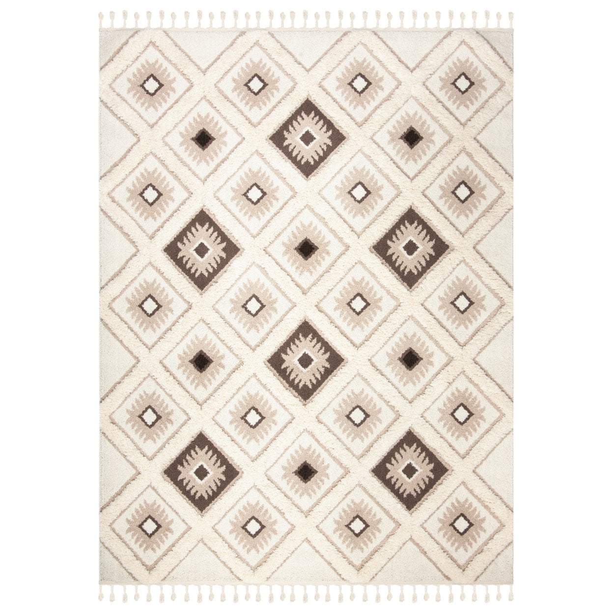 SAFAVIEH Moroccan Tassel Shag Elsie Moroccan Geometric Area Rug, Ivory/Brown, 5'3" x 7'6"