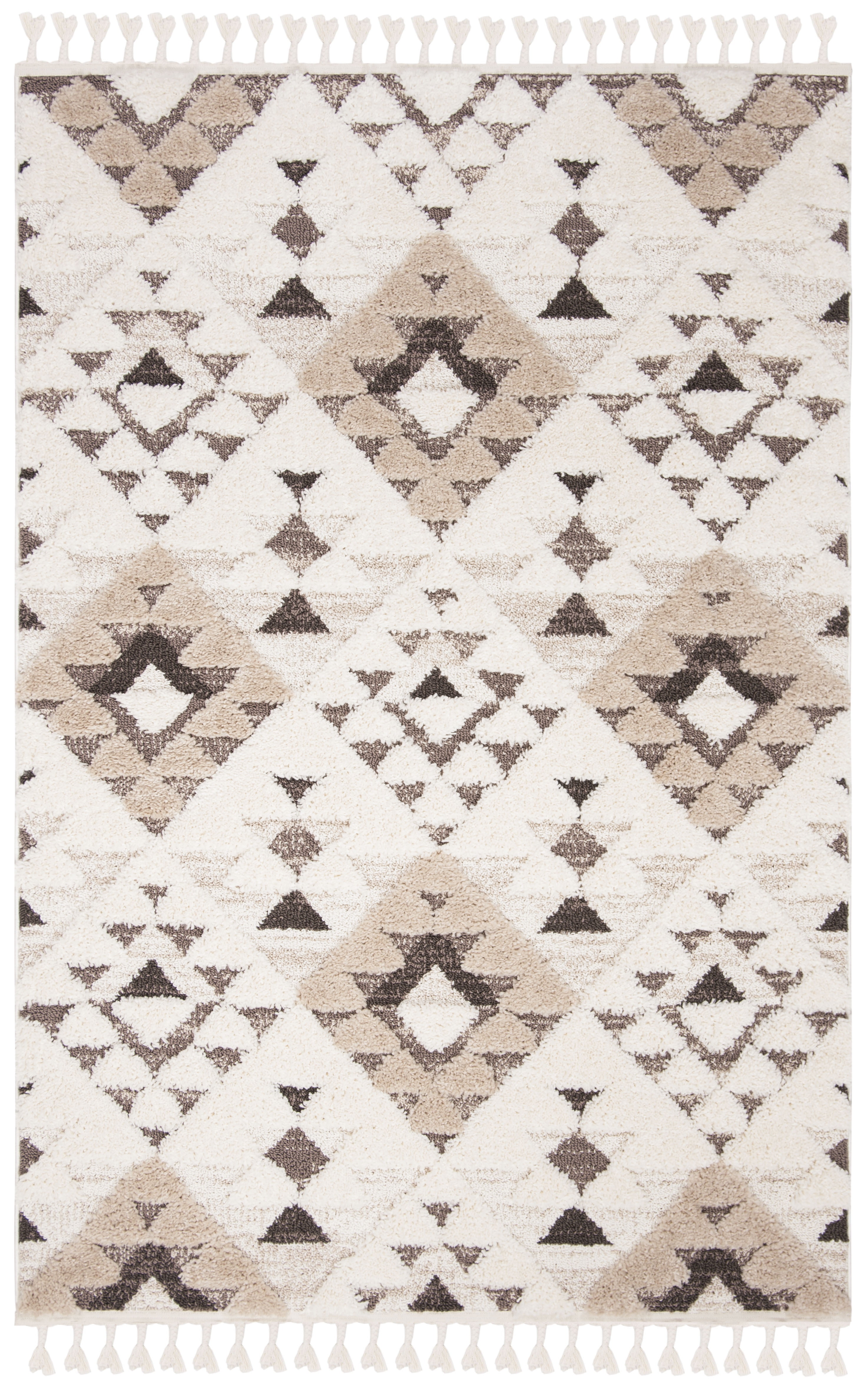 SAFAVIEH Moroccan Tassel Shag Larry Moroccan Geometric Area Rug, Ivory/Brown, 4' x 6'