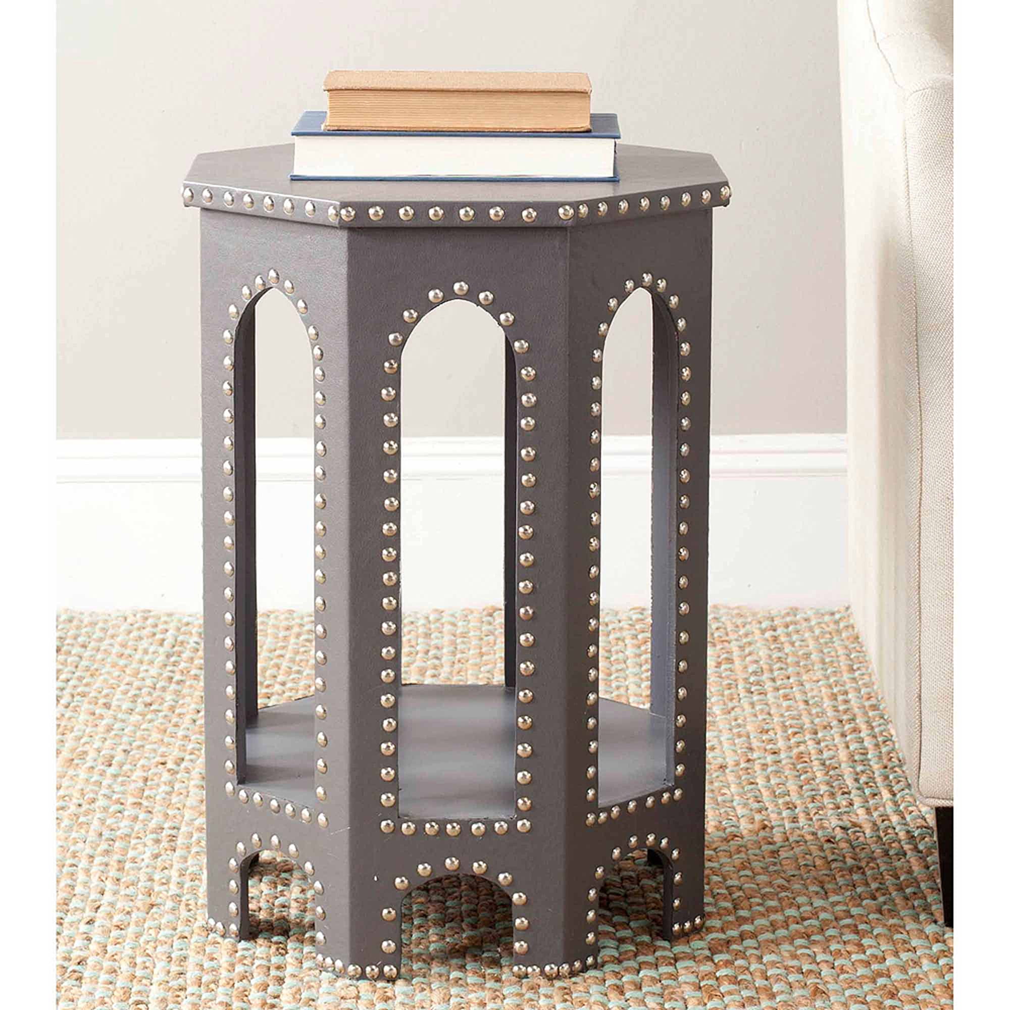 SAFAVIEH Nara Bicast Leather End Table w/ Silver Nail Heads, Grey