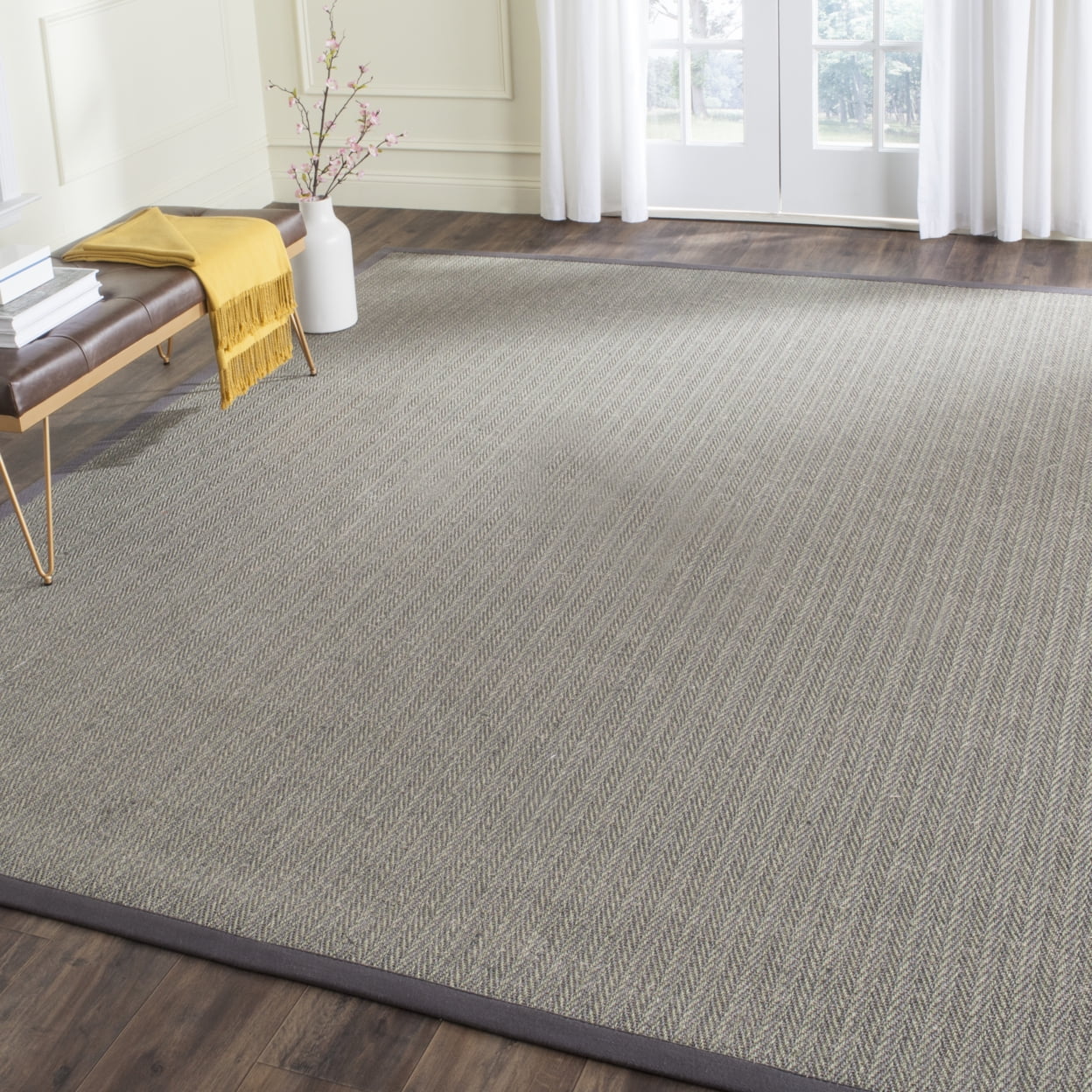 SAFAVIEH Natural Fiber Glenn Border Sisal Runner Rug, Grey Brown/Grey, 2'6" x 14'