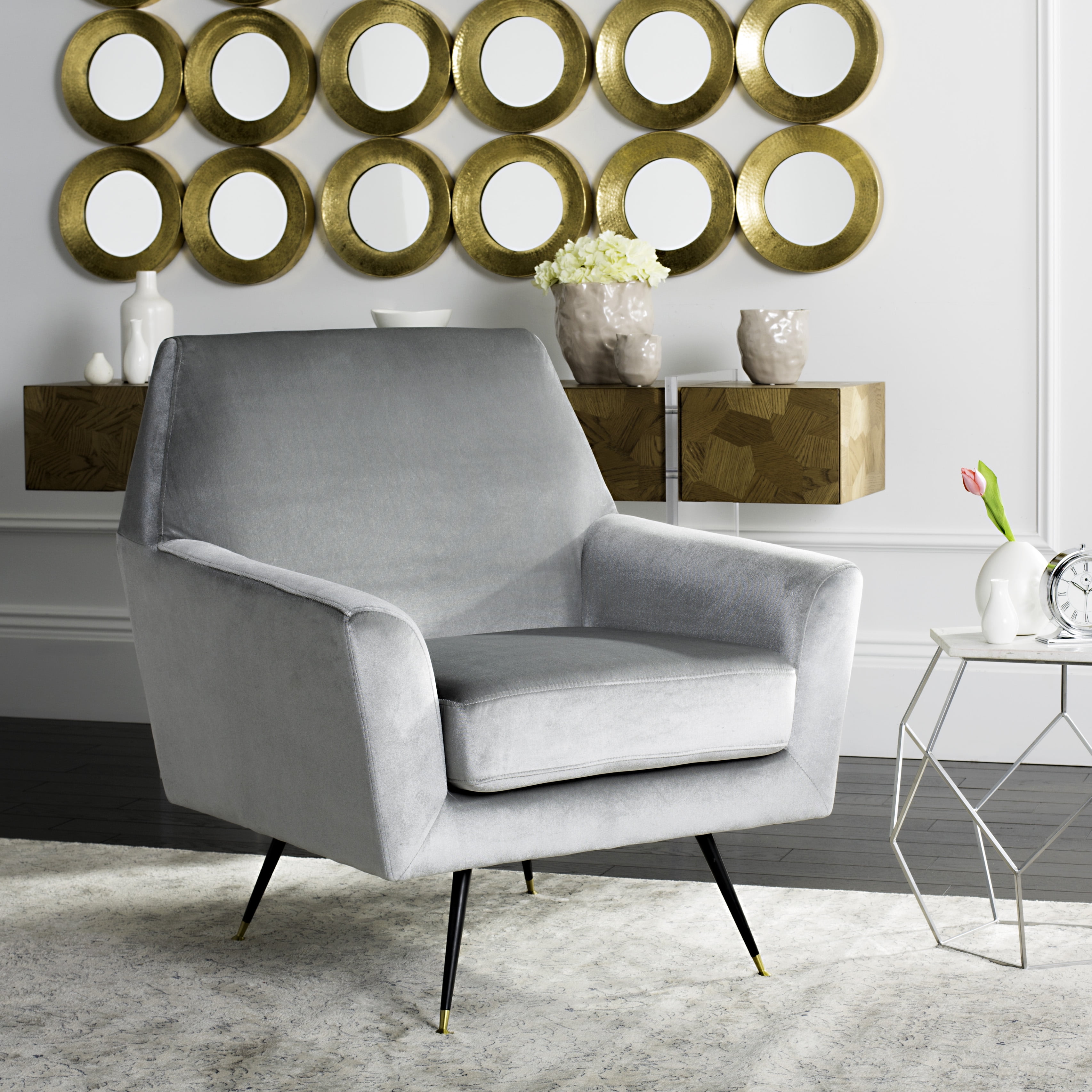 SAFAVIEH Nynette Velvet Retro Mid Century Accent Chair, Light Grey