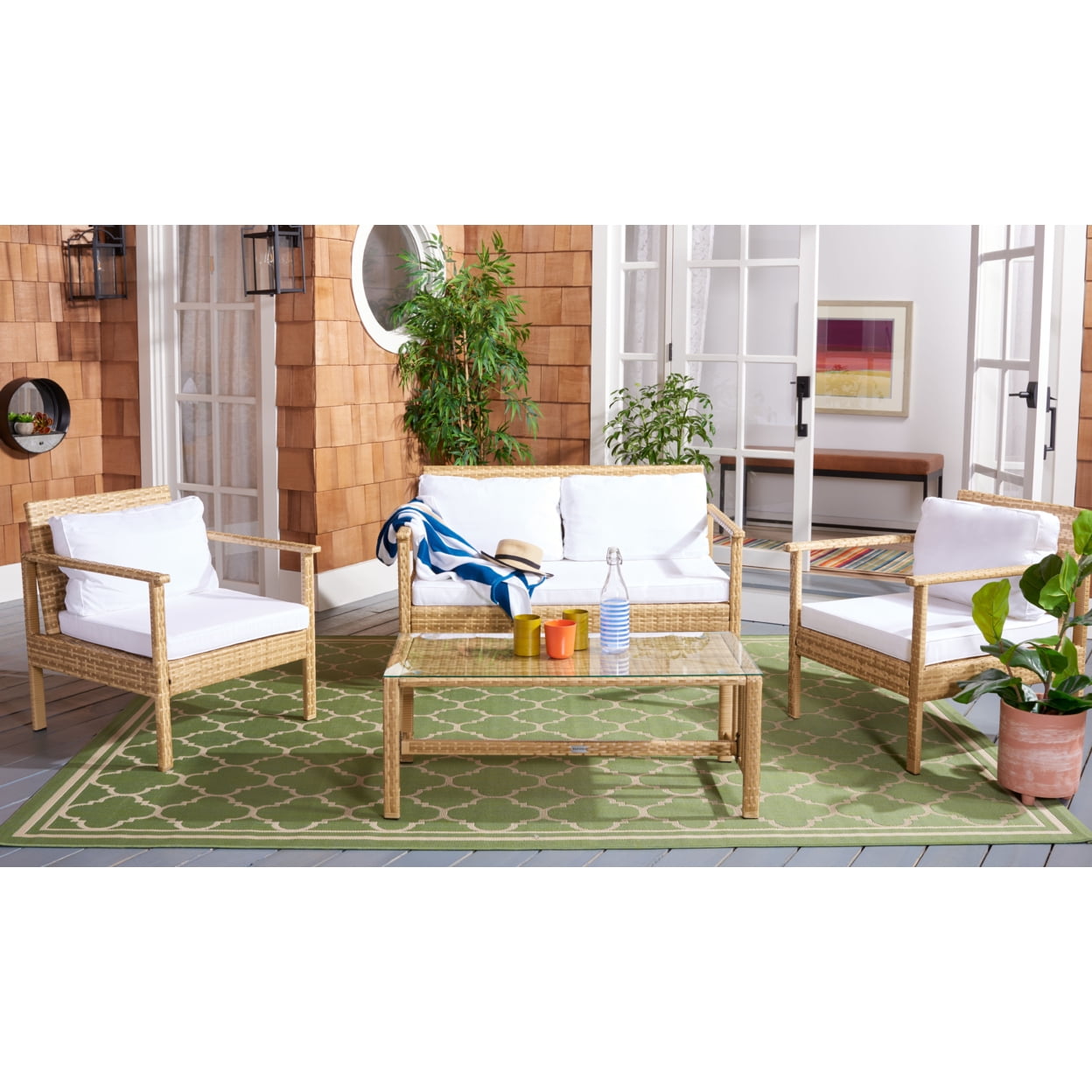 SAFAVIEH Outdoor Collection Garnen 4-Piece Patio Set Natural/White Cushion