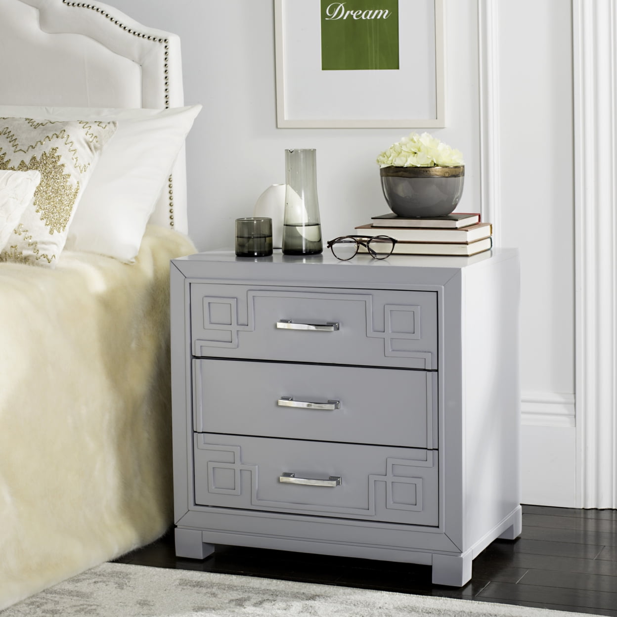 SAFAVIEH Raina Three Drawer Greek Key Night Stand Grey