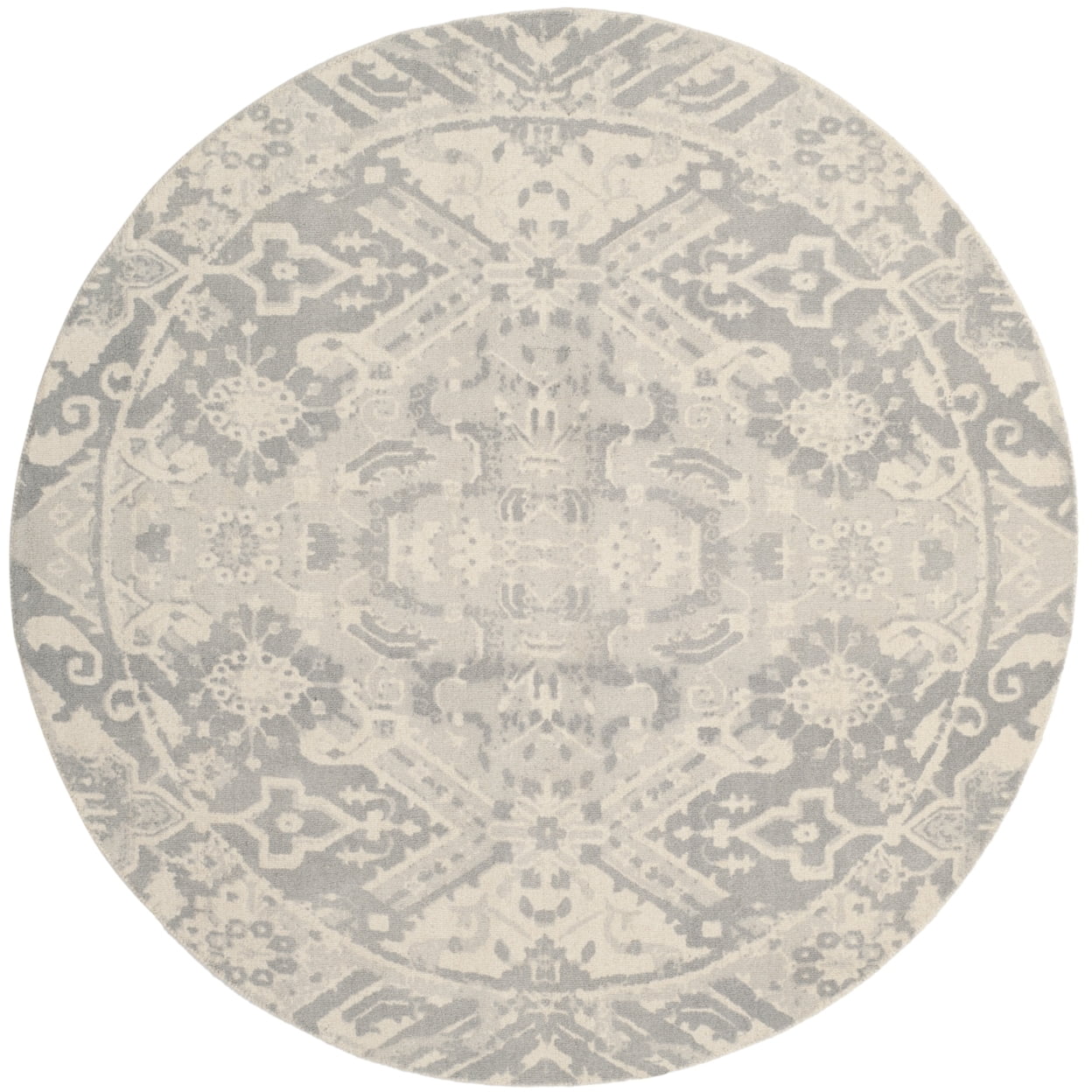 SAFAVIEH Restoration Vintage Eunice Border Wool Area Rug, Light Grey/Ivory, 6' x 6' Round