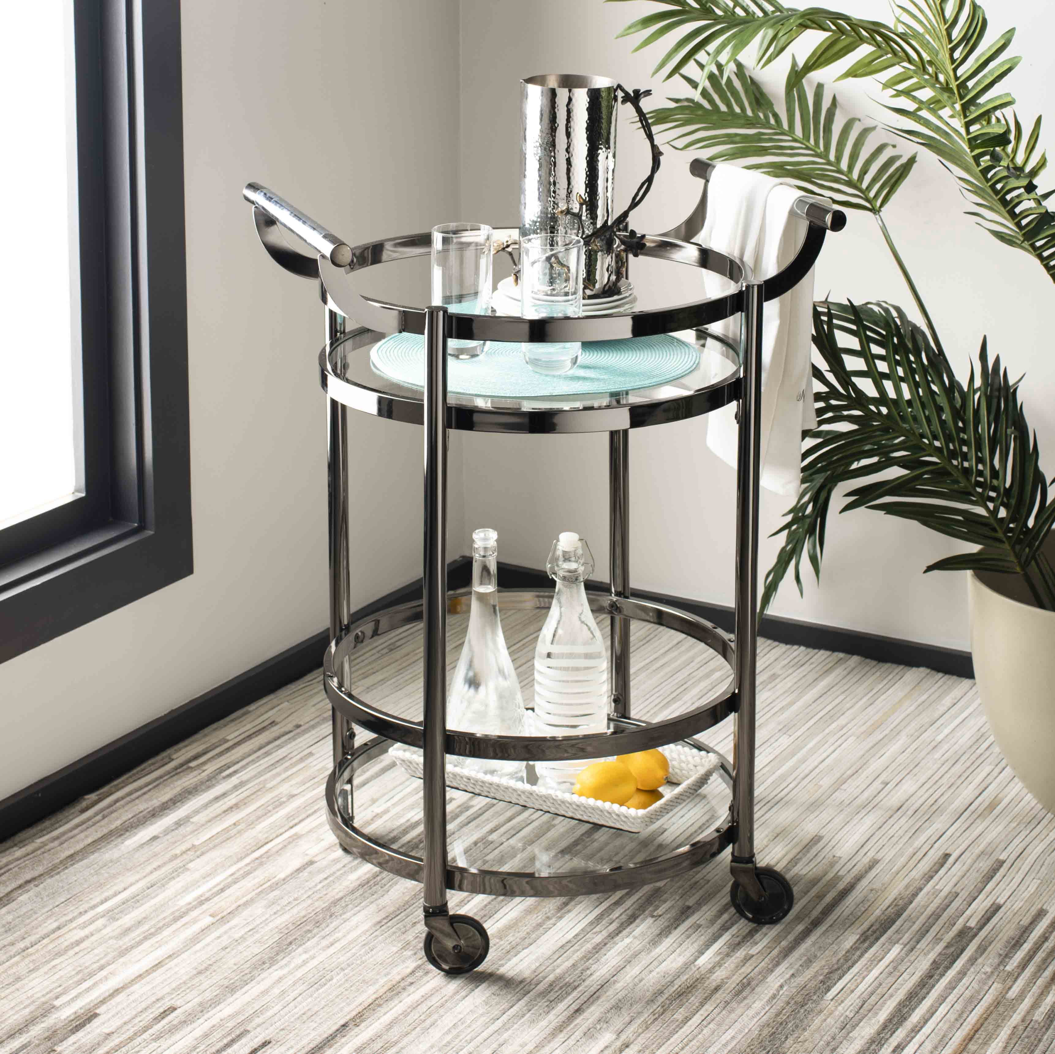 SAFAVIEH Sienna 2 Tier Modern Glam Round Bar Cart with Casters, Gun Metal