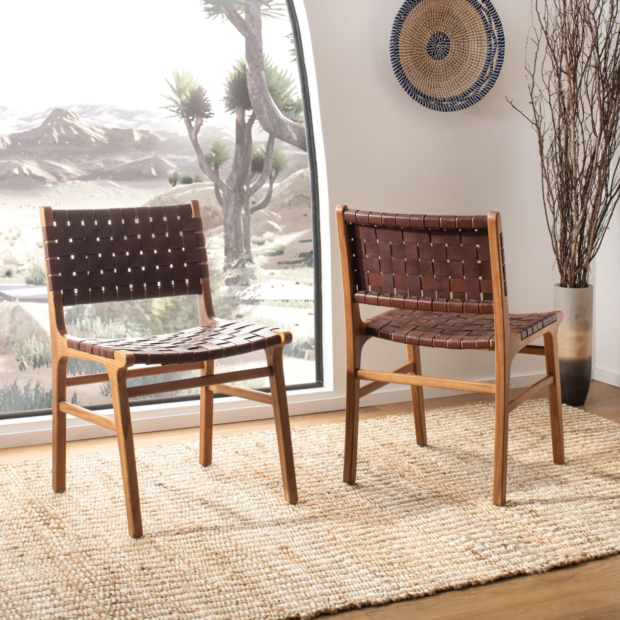SAFAVIEH Taika Woven Leather Dining Chair, Cognac/Natural, Set of 2