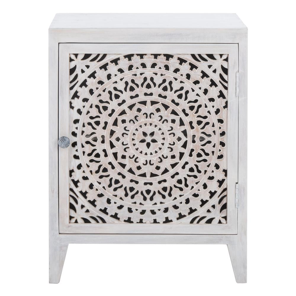 SAFAVIEH Thea Mid-Century Retro 1 Door Carved Nightstand, White Washed
