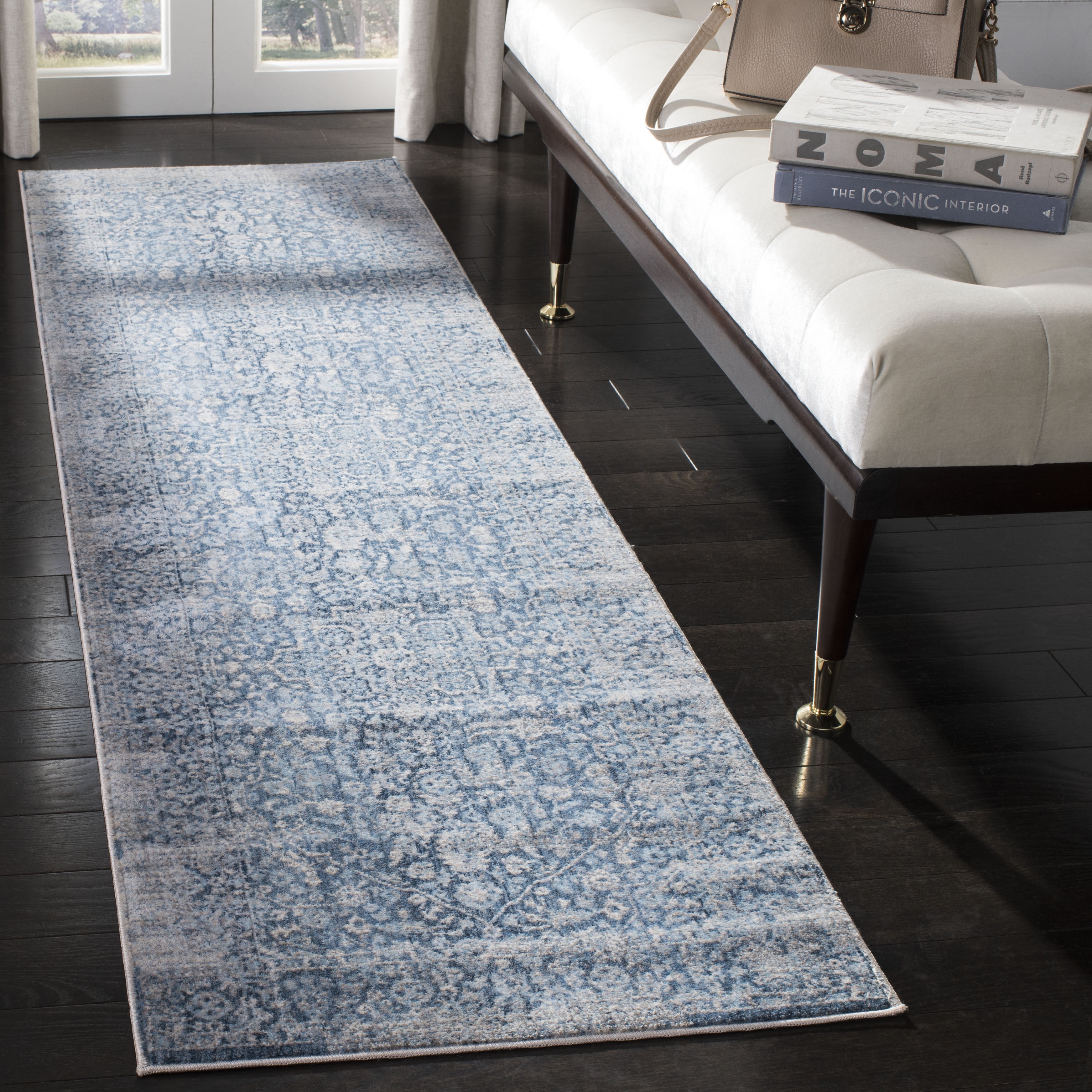 SAFAVIEH Vintage Persian Raphael Floral Bordered Polyester Runner, Blue/Ivory, 2'2" x 12'