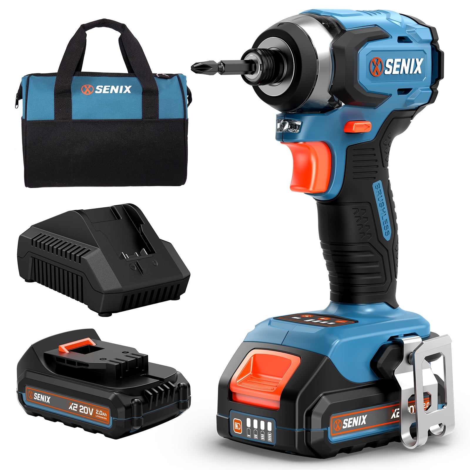 SENIX 20 Volt Max* 1/4-Inch Impact Driver, Brushless Motor, 130 Foot-Pound of Max Torque, 3000 RPM (Battery, Charger and Soft Bag Included) PDIX2-M2