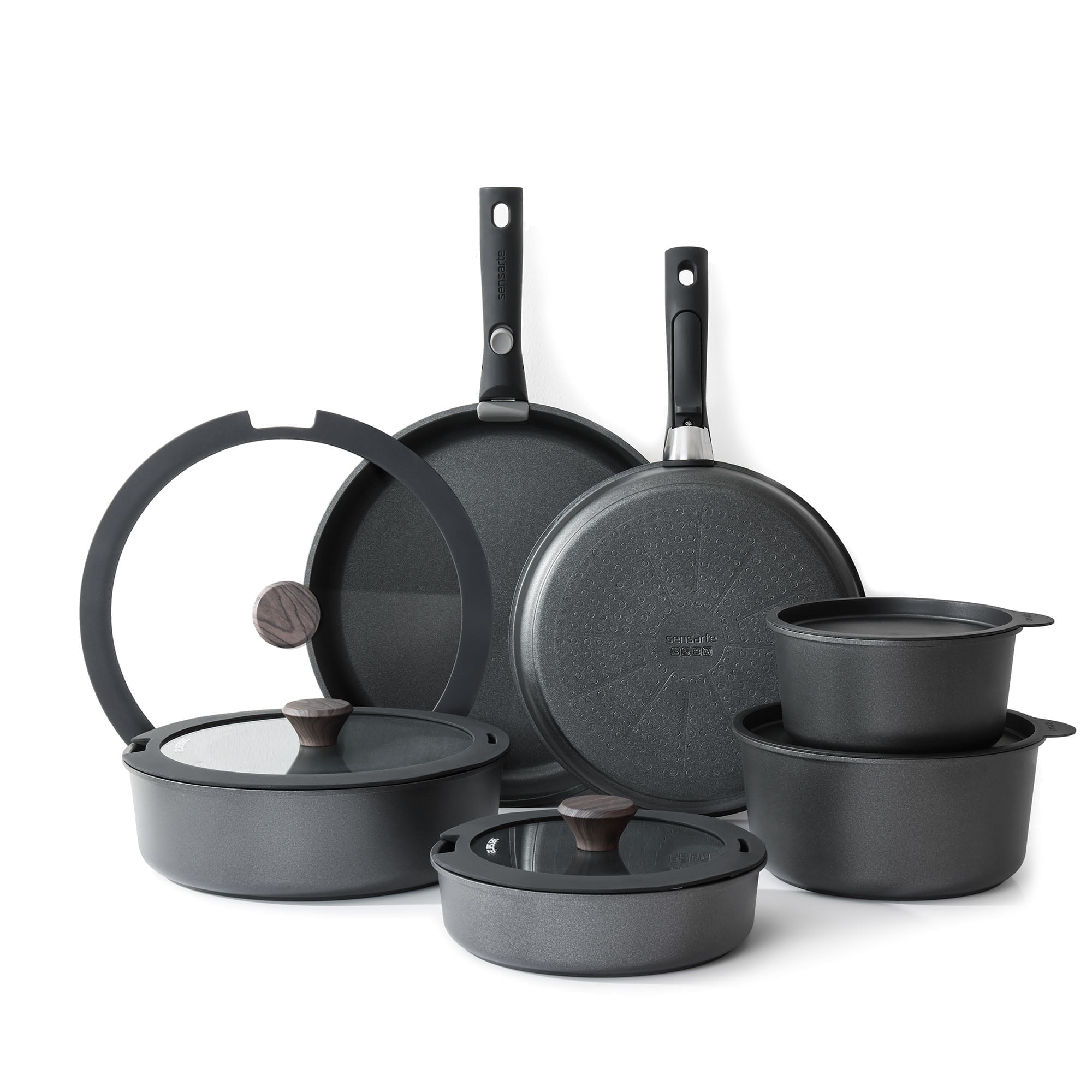SENSARTE Nonstick Pots and Pans Set with Detachable Handle, 18Pcs Induction Kitchen Cookware Set Stackable, Dishwasher/Oven Safe(Black)