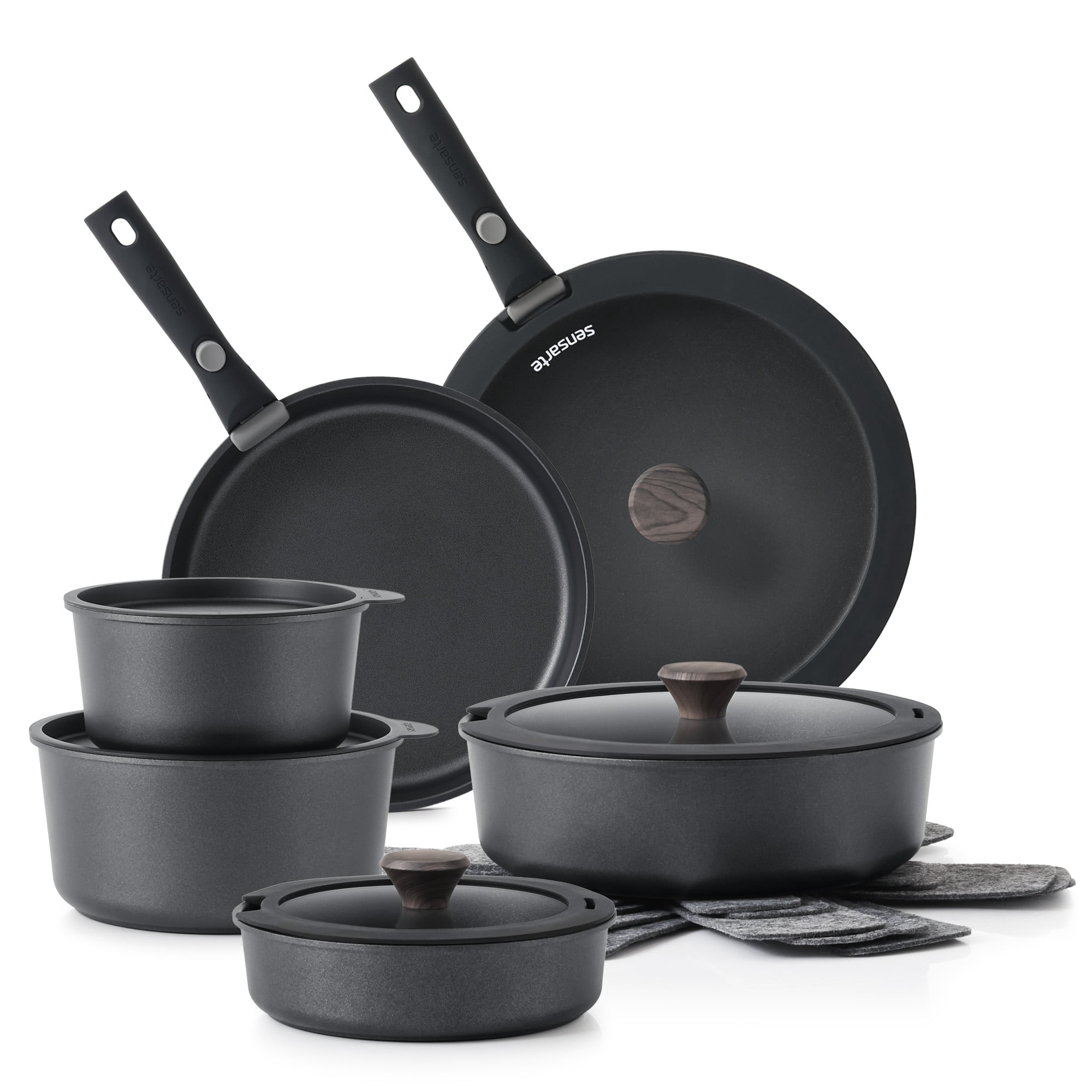 SENSARTE Nonstick Pots and Pans Set with Detachable Handle, 18Pcs Induction Kitchen Cookware Set Stackable, Dishwasher/Oven Safe(Black)