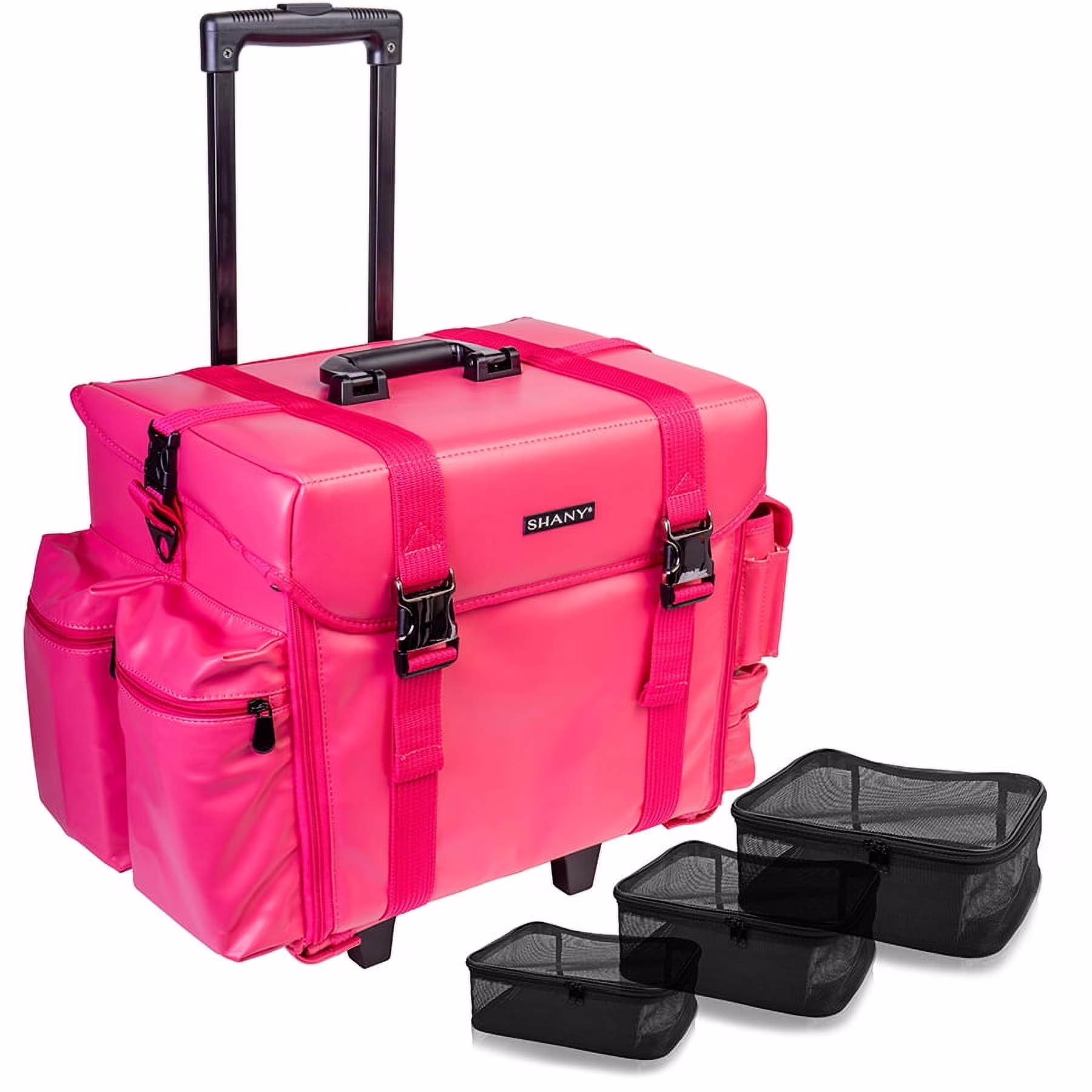 SHANY Makeup Artist Soft Rolling Trolley Cosmetic Case with Free Set of Mesh Bag Makeup Organizer - Travel Rolling Makeup Bag - Sweetheart