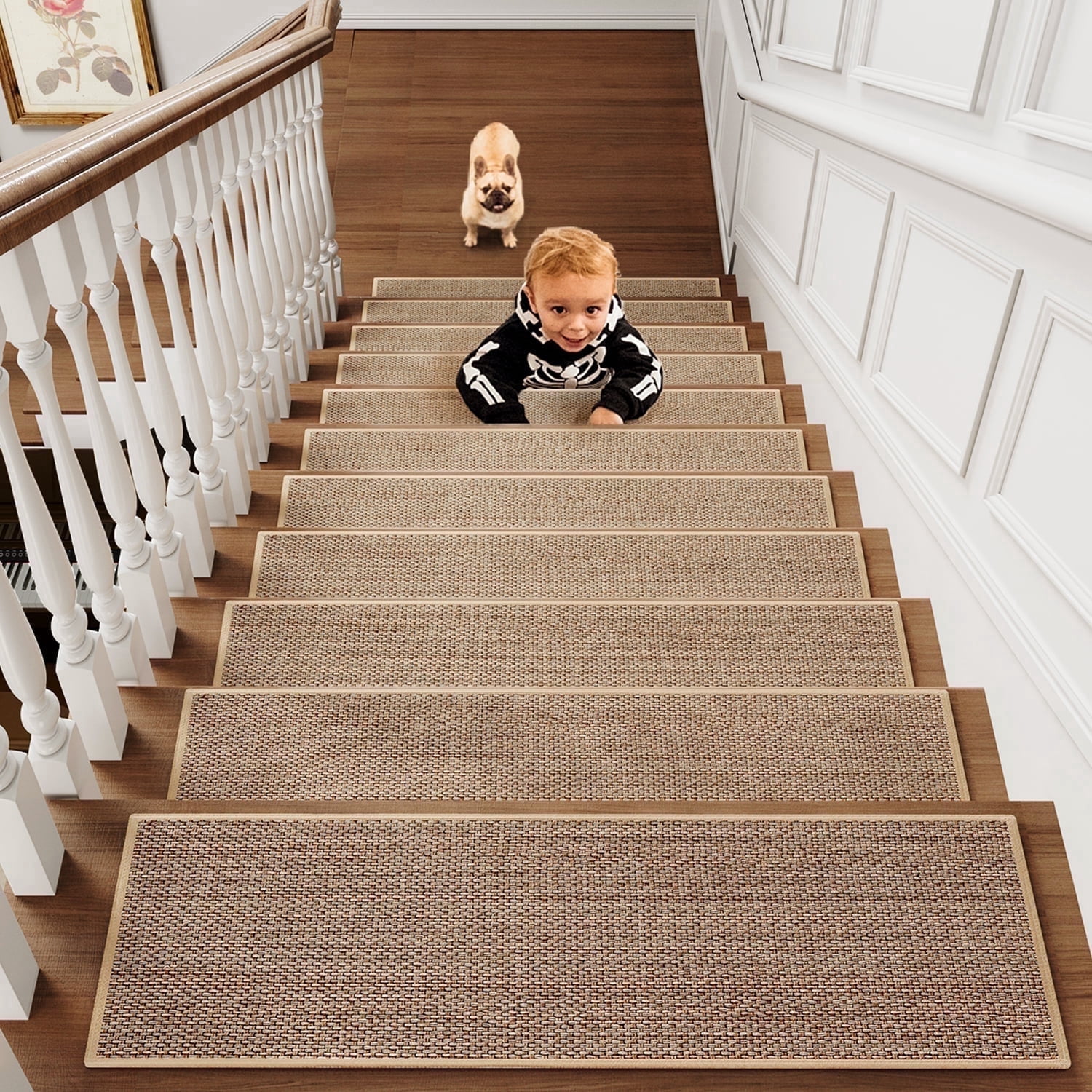 SIXHOME Stair Treads 15 Pack 8"x30" for Wooden Steps Braid Weave Non-Slip Staircase Indoor Comfort Rubber Backing Washable Runners Kids Dog-Friendly Treads Mats Set Beige