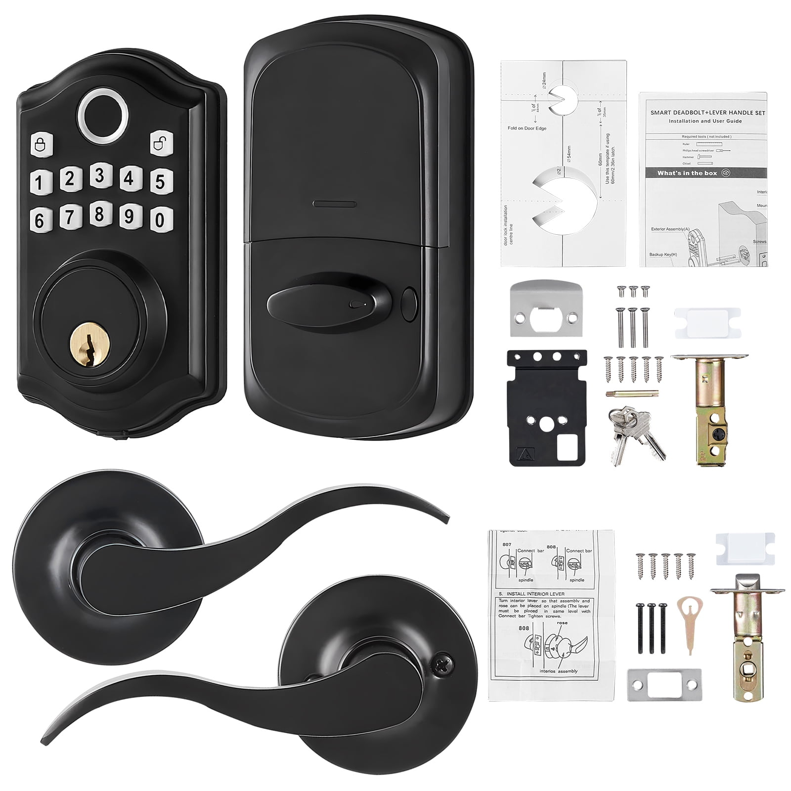 KFFKFF Fingerprint Door Lock with 2 Level Handles, Keyless Electronic Keypad Deadboltwith Fingerprint/Keypad Code/Key, Auto Lock, Anti-Peeking Password, Easy Installation with 300 Users