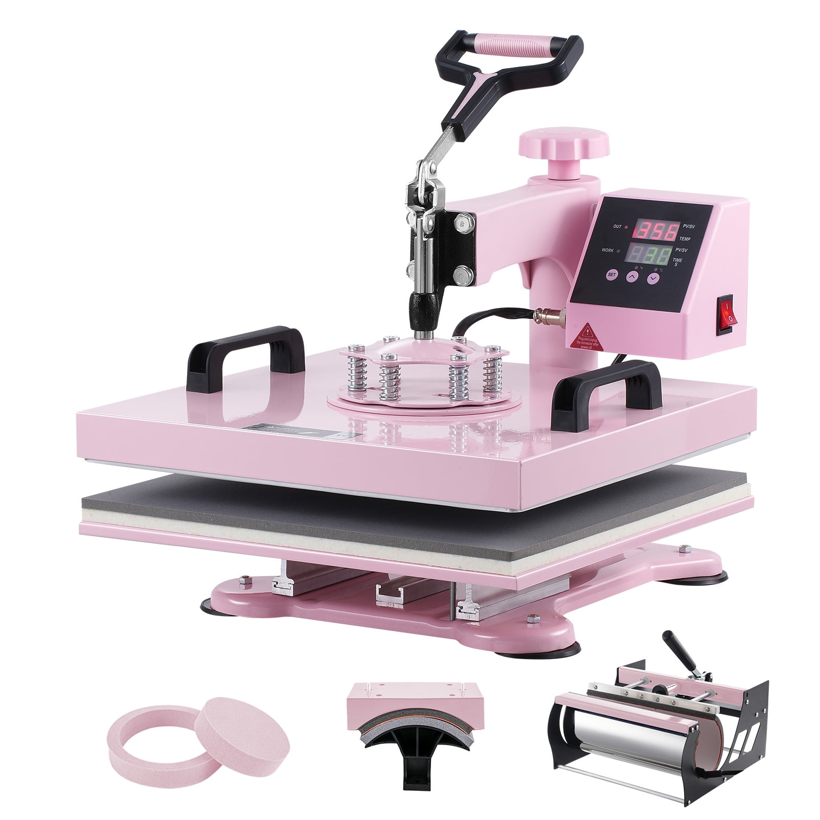 SKYSHALO Heat Press, 15x15 inch, 5-in-1 Transfer Tool with 30 oz Cup Press, Swivels 360° for T-Shirt/Mug/Hat/Plate Crafting, Digital Control, Pink