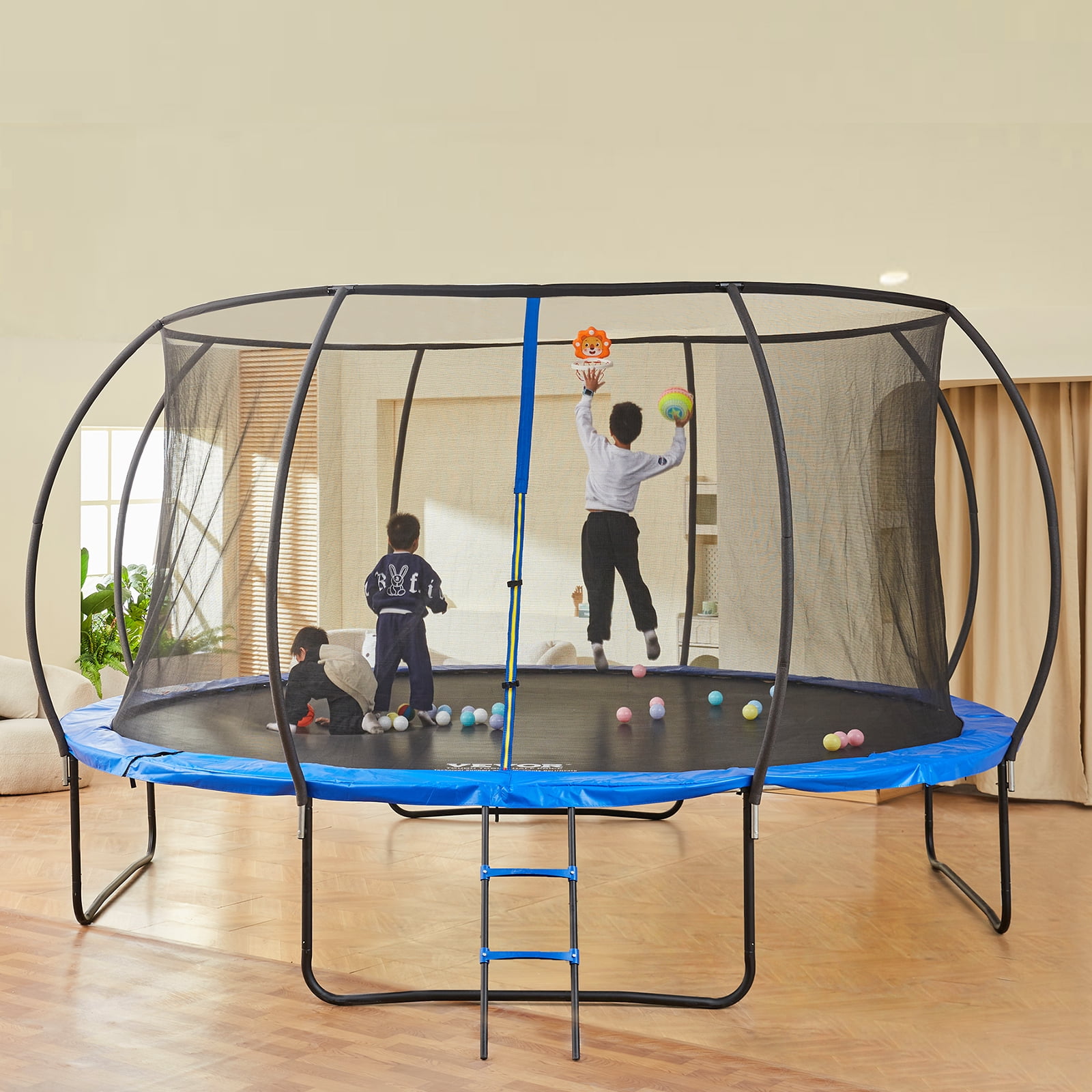 SKYSHALO Outdoor Recreational Trampoline for Kid's with safety Enclosure Basketball Net, Blue, 201.57" x 201.57" x 105.51"