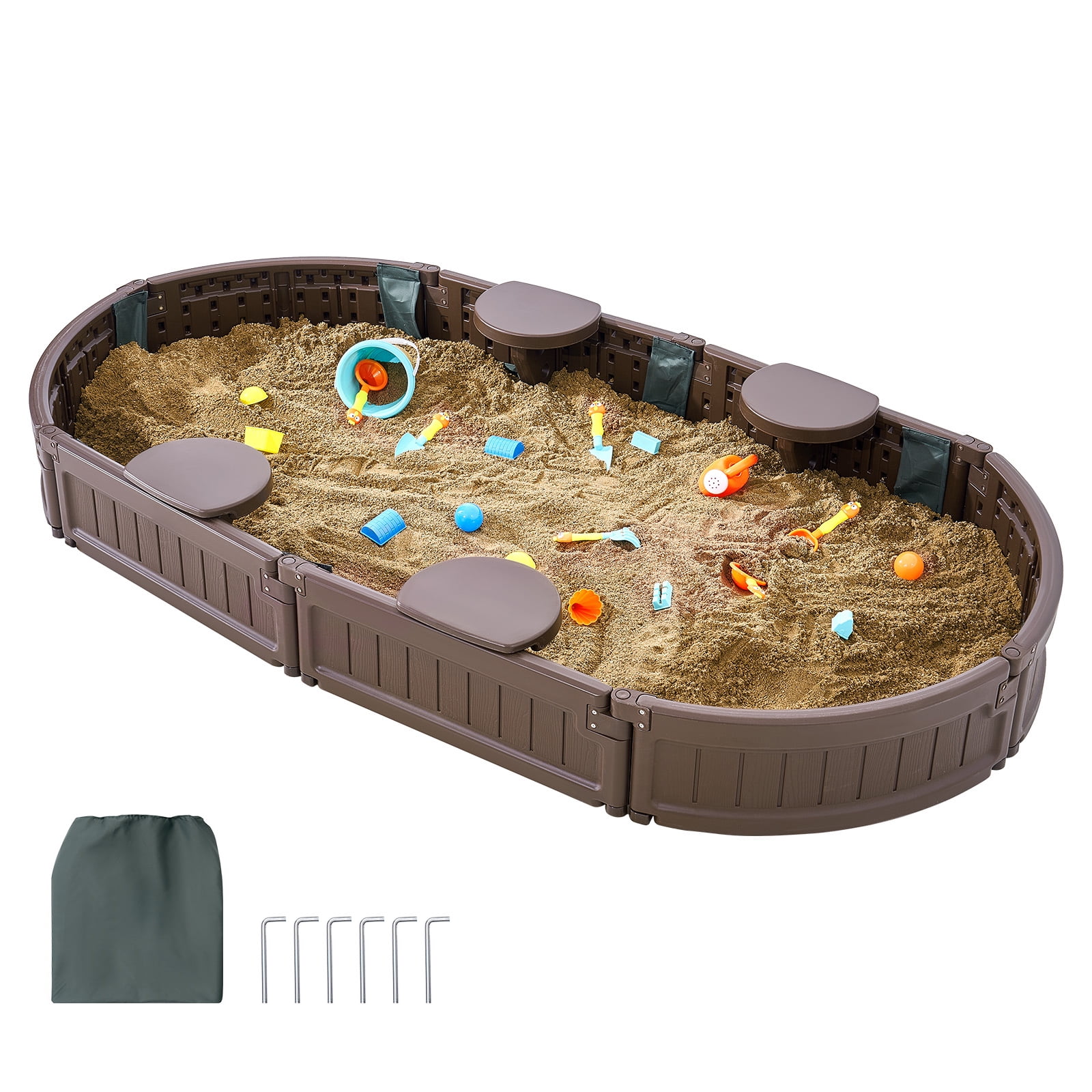 KFFKFF Sandbox with Lid, 72x41.5x9.1 in Oval Sand Pit, Durable HDPE Material, Includes 4 Seats & Bottom Liner, Perfect for Outdoor, Beach, Park, Ideal Gift for Children 3-12 Years, Brown