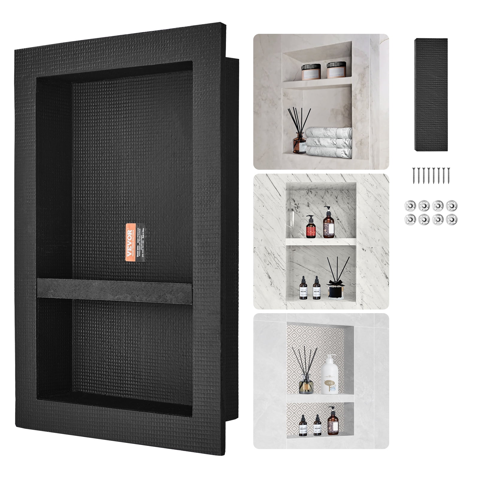 KFFKFF Tile-Ready Shower Niche 16" x 24", Dual Shelf, Square Corner, Wall Recessed Organizer, Sealed for Modern Bathroom Soap Storage, Black