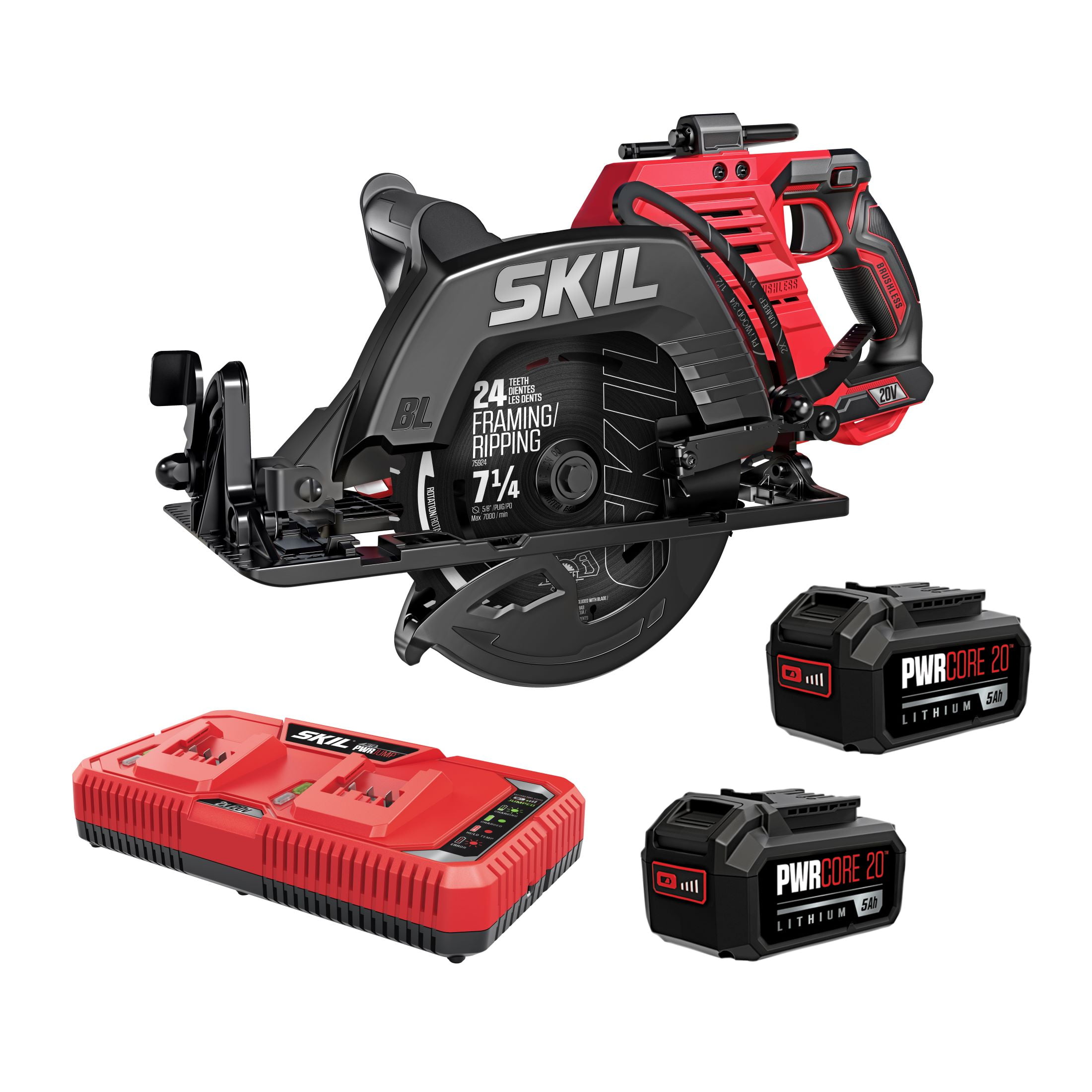 SKIL CR5429B-20 PWR CORE Cordless 20V Rear Handle Circular Saw, Dust Port, with 2 5.0Ah Batteries and Charger
