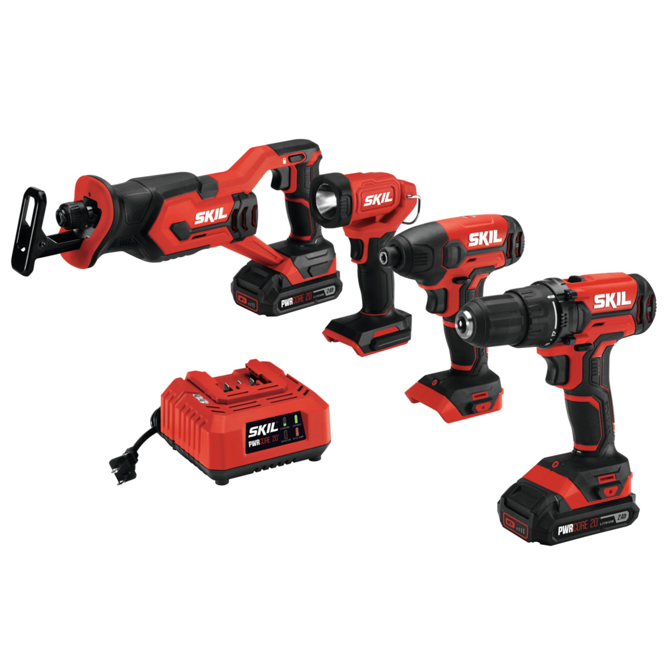 SKIL CB739601 PWR CORE 20V 4 Tool Combo Kit, Drill Driver, Impact, Drive, Recip Saw, and Spot Light, with two 2.0Ah Batteries and Charger