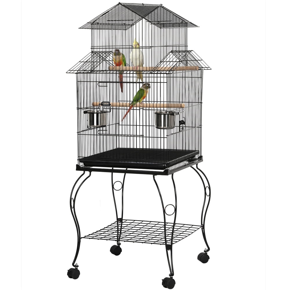 Alden Design 55" H Metal Rolling Bird Cage with Triple Roof Detachable Stand for Birds Finches Lovebirds Canaries Cockatiels Conures Parakeets, Black