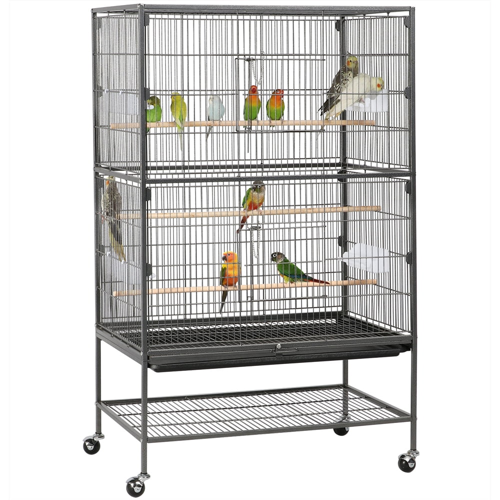 Alden Design 52" Large Metal Rolling Bird Cage Parrot with Perches Feeders Storage Shelf for Lovebird Cockatoo Conure, Black