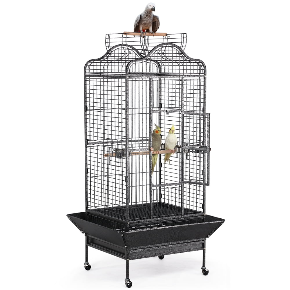 Alden Design 63" Large Parrot Cage with Open Playtop Metal Rolling Bird Cage for African Grey Parakeets, Cockatiels, Black