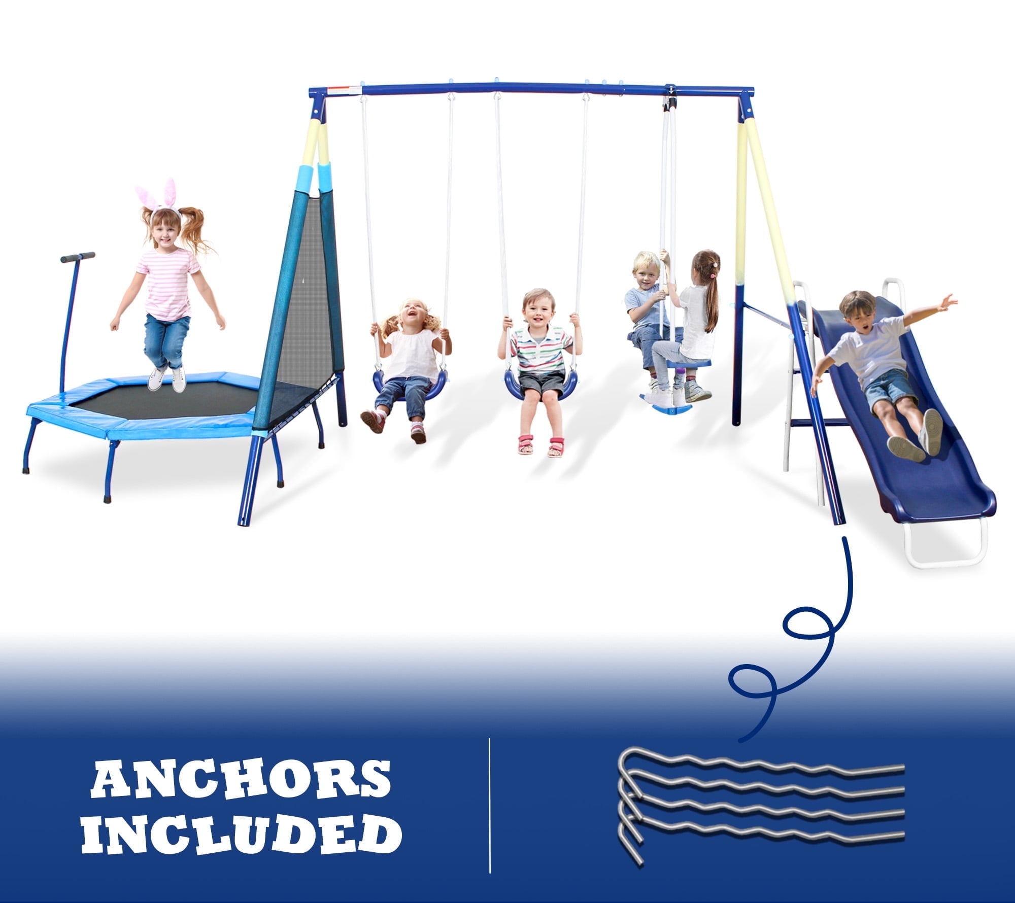 5-in-1 Outdoor Swing Set with Slide, Detachable Trampoline, Swings & Glider, Swing Set for Outside for Kids