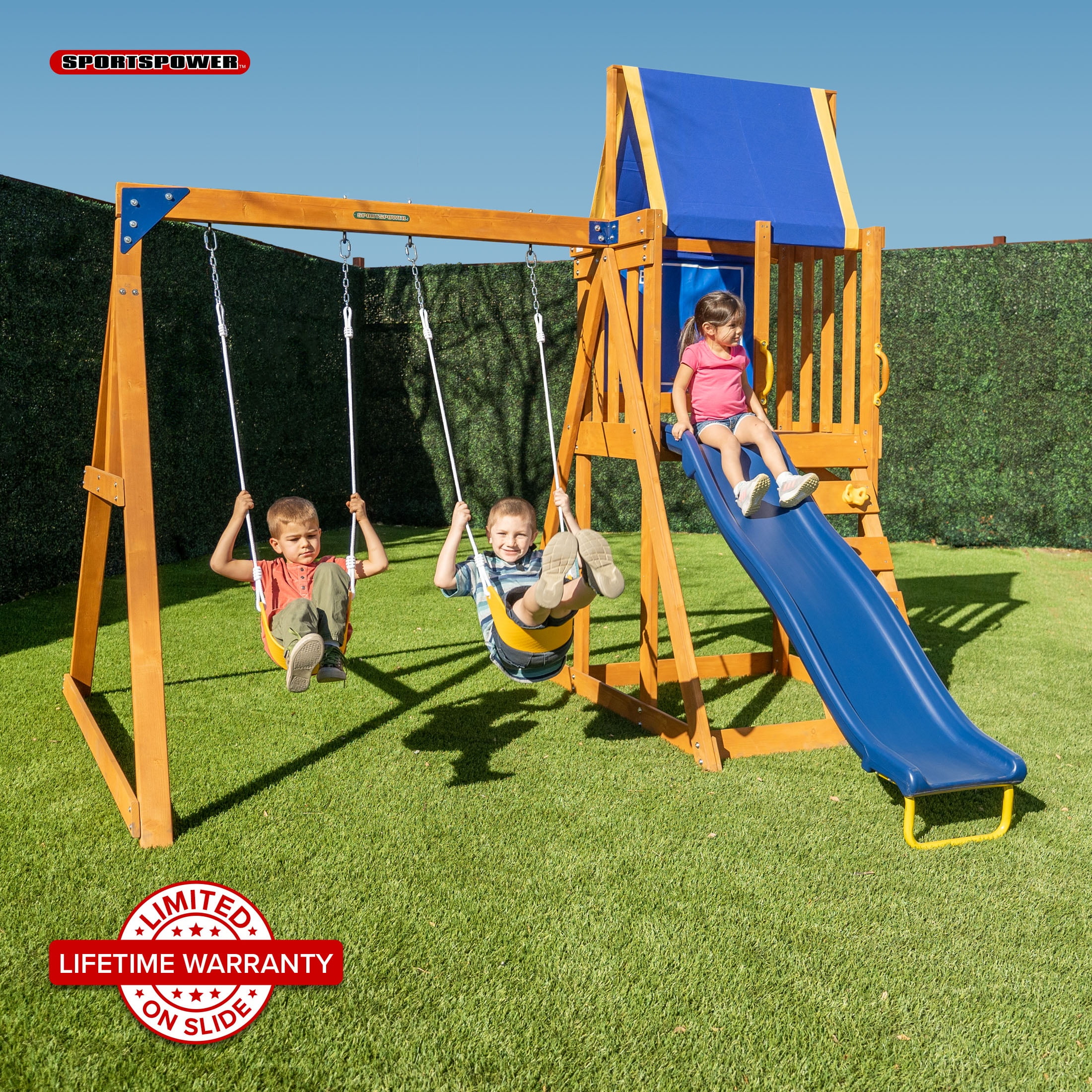 Sportspower North Peak Wooden Swing with Swing Swings, 6' Slide, Play Fort, Rock Climber & Sandbox, for Kids 3-8