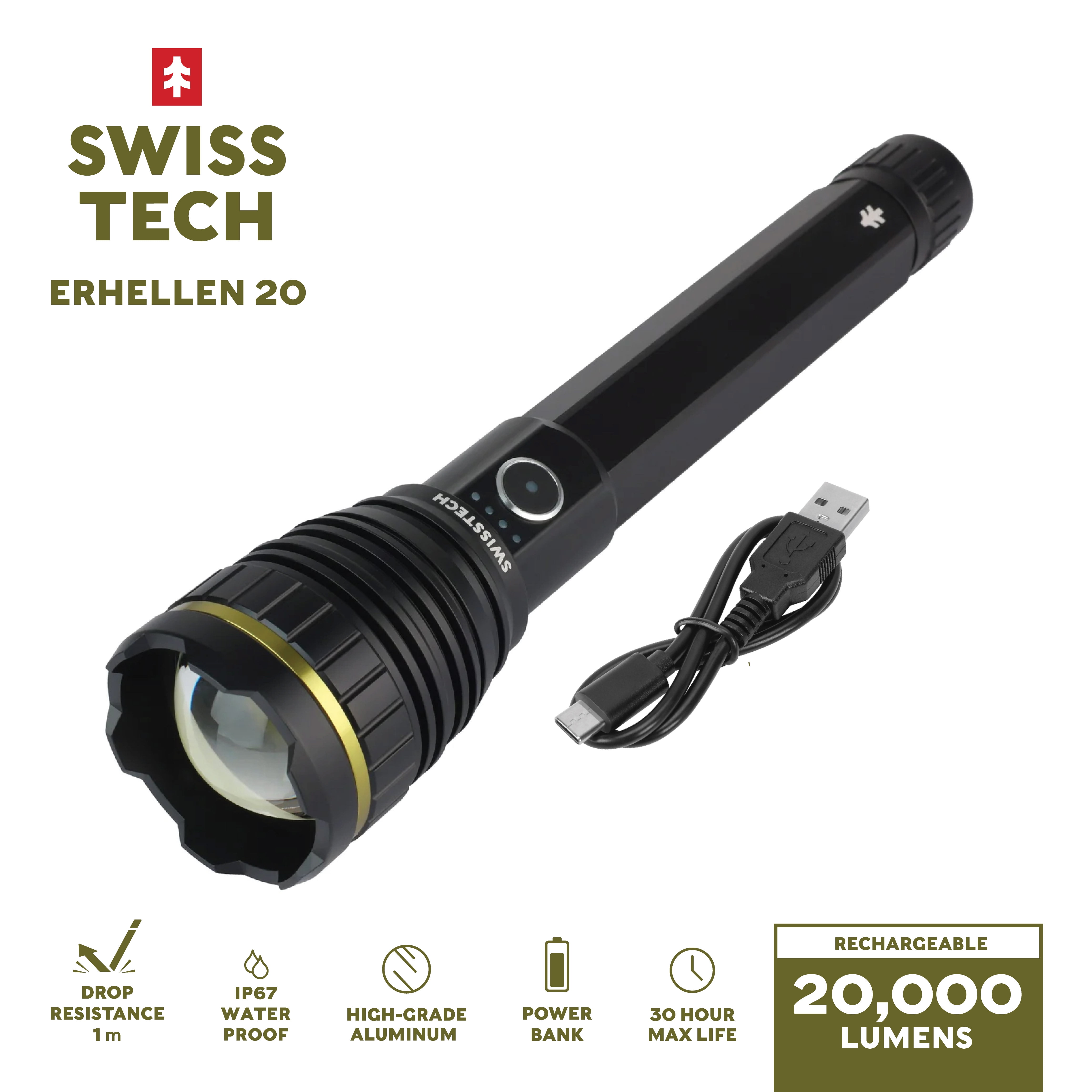 Swiss Tech Erhellen 20, 20000 Lumen Rechargeable LED Flashlight with USB-C, IP67