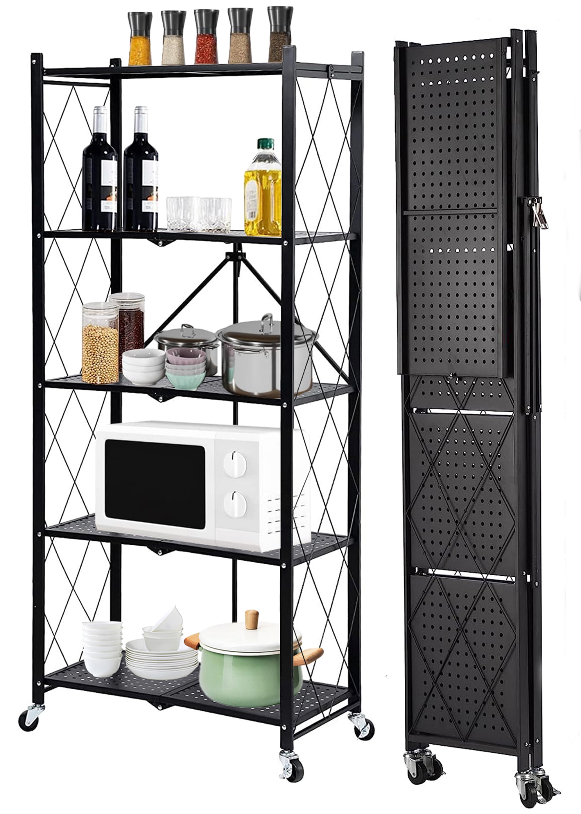 SUGIFT Storage Shelves, 5-Tier Foldable Metal Garage Shelf with Wheels, Kitchen Shelf with 3 Hooks, Black